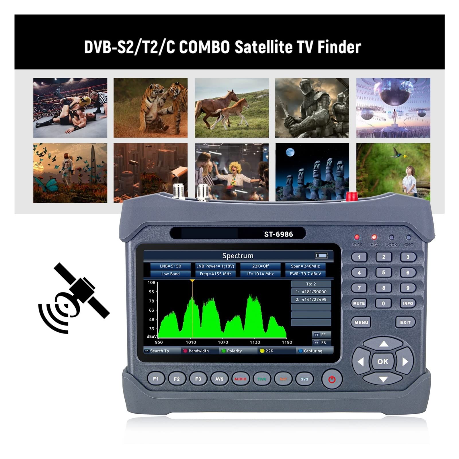 Récepteur Satellite, Compteur de Signal numérique HEVC H.265 (10 bits) MPEG-4 ST-6986 DVB-S/S2/T/T2/C Satellite Finder Combo TV