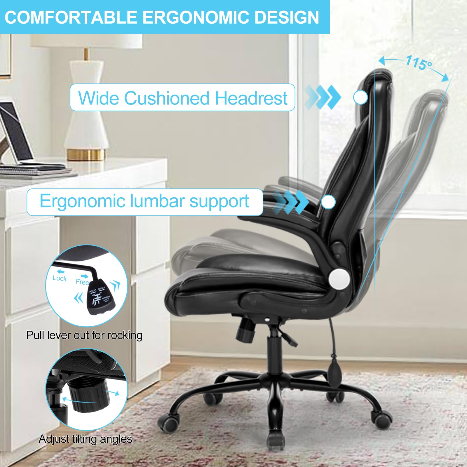Sedia Ufficio Ergonomica Con Schienale Alto E Supporto Lombare Regolabile Ad Aria – Braccioli Ribaltabili, Rivestita In Pelle PU Forata, Cuscino A Molle, Carico 136 Kg, Nera