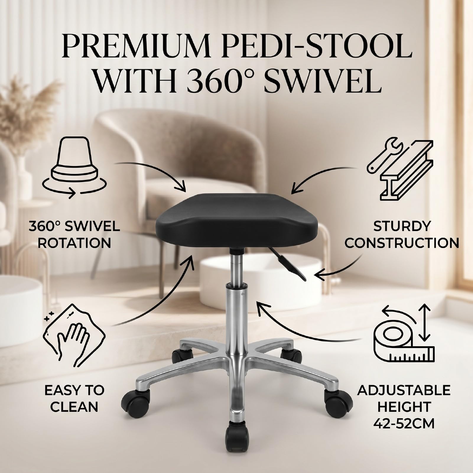 Brrnoo Sgabello per Pedicure con Rotelle Regolabile Sedia Girevole per Unghie a 360 Gradi Altezza 16,54-20,47 Pollici ABS in Acciaio Inossidabile per Uso Domestico in Salone