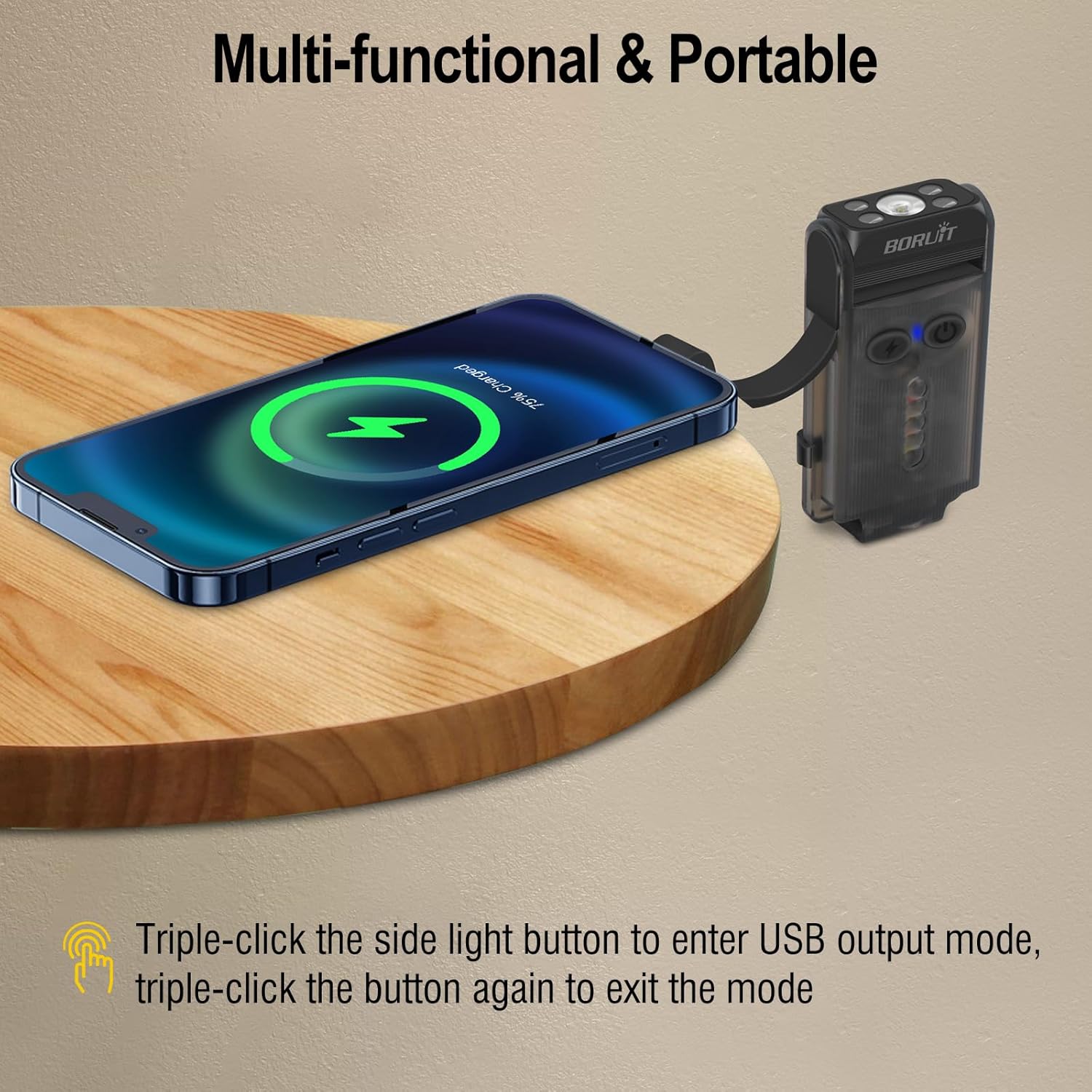 A BORUIT flashlight connected via USB-C cable to a smartphone, demonstrating its power bank function.