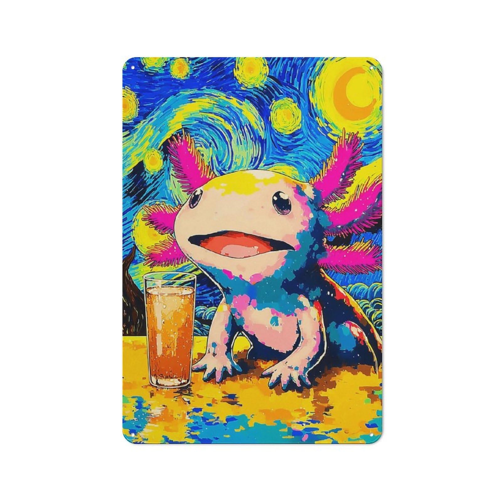 Junmoney Starry Night Axolotl With Drink Retro Metal Sign 30X20cm For Garage Wall, For Home Interiors And Metal Sign Collectors