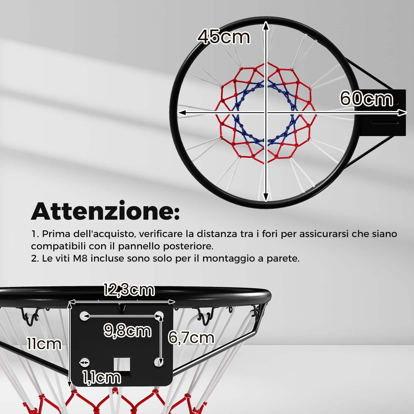 COSTWAY Canestro da Basket da Parete 45 cm, Anello da Pallacanestro da Muro con Doppie Molle e Rete per Tutte Le Stagioni, Cerchio Universale per Canestri da Interno ed Esterno