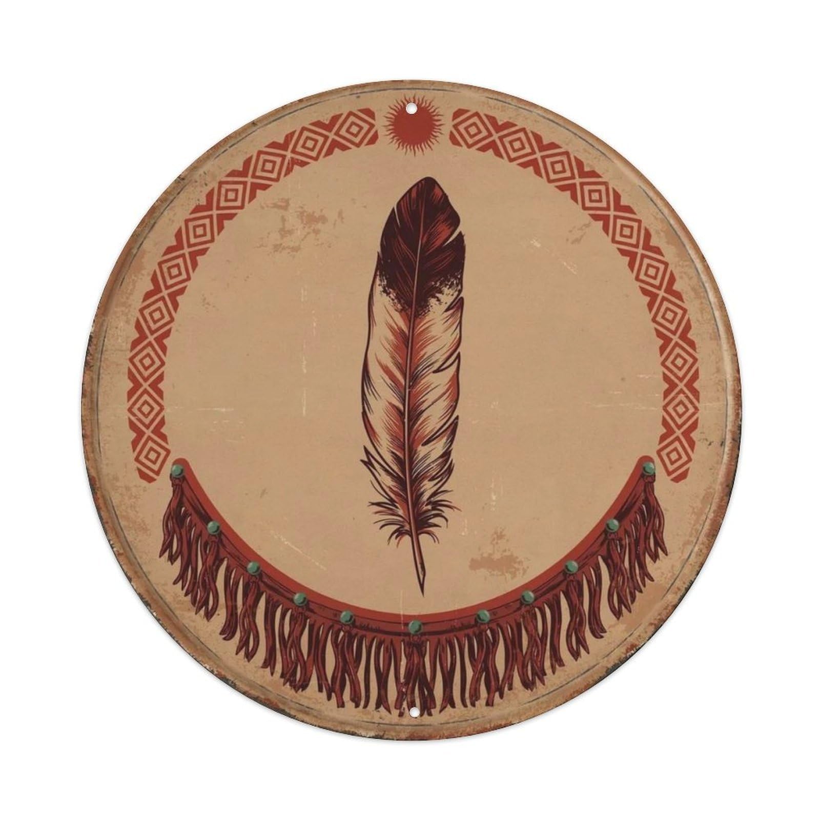Southwestern Eagle Feather Leather Fringe Round Metal Tin Sign Plaque