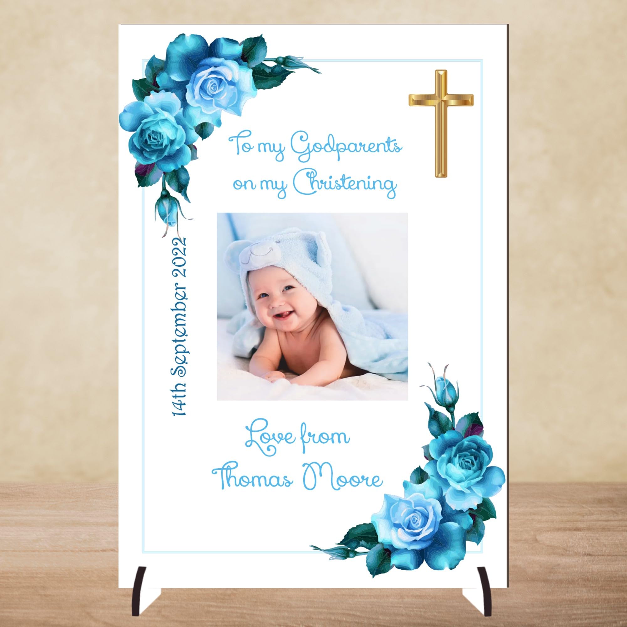 Personalised 'To My Godparents' Christening Photo Plaque | A4 or A5 Size | Customisable with Special Message | Size 297mm x 210mm or 210mm x 148mm (Mdf Wood 21cm x 15cm, Blue Floral) — image 1