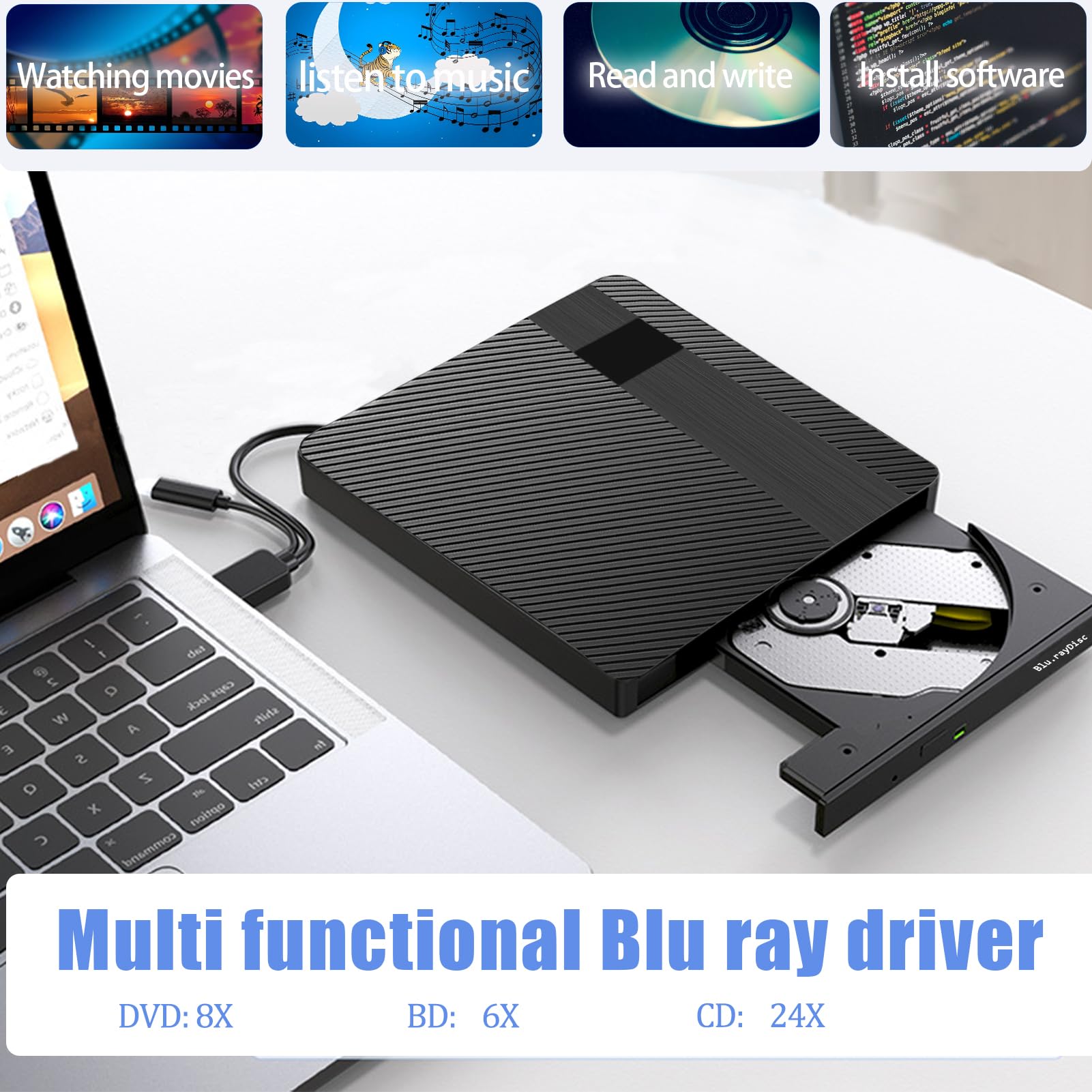 External Blu-ray Drives DVD/CD/BD Player For Laptop USB 3.0 Type-C Portable BD CD DVD Burner Reader 3D Optical Bluray Drive Compatible with Windows XP/7/8/10/11 Macos for MacBook Laptop Desktop