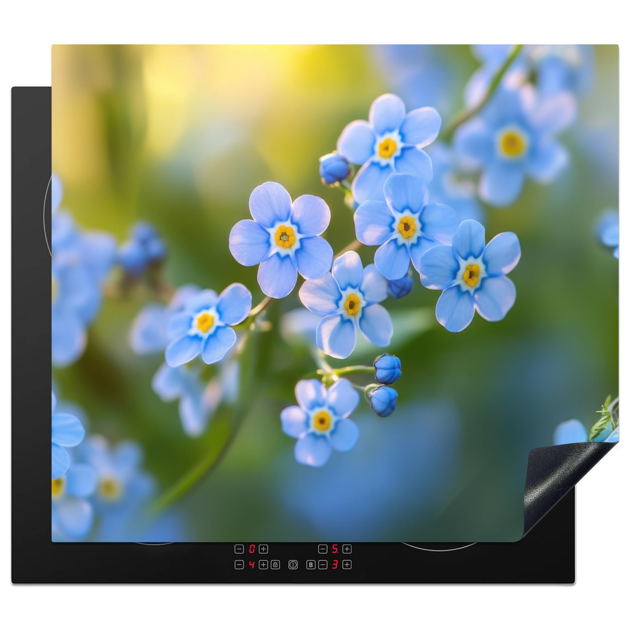 KitchenYeah© Induction Hob Protector Mat 20.2"x22.9" / 58.3x51.3 cm Stove Cap Top Cover Kitchen Cooker Covers for Electric Hobs Vinyl Flowers - Blue - Forget me Not