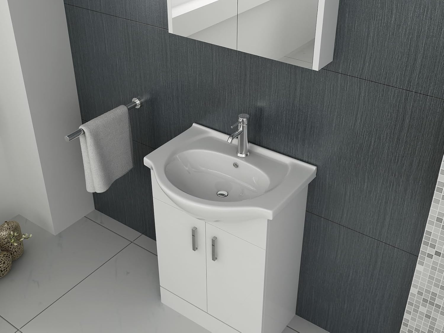 iBathUK Quartz 550 Vanity Unit Furniture and Wash Basin Sink, Floor Standing, MDF Soft Close Doors Bathroom Storage Cabinet- Gloss White (Flat Pack)