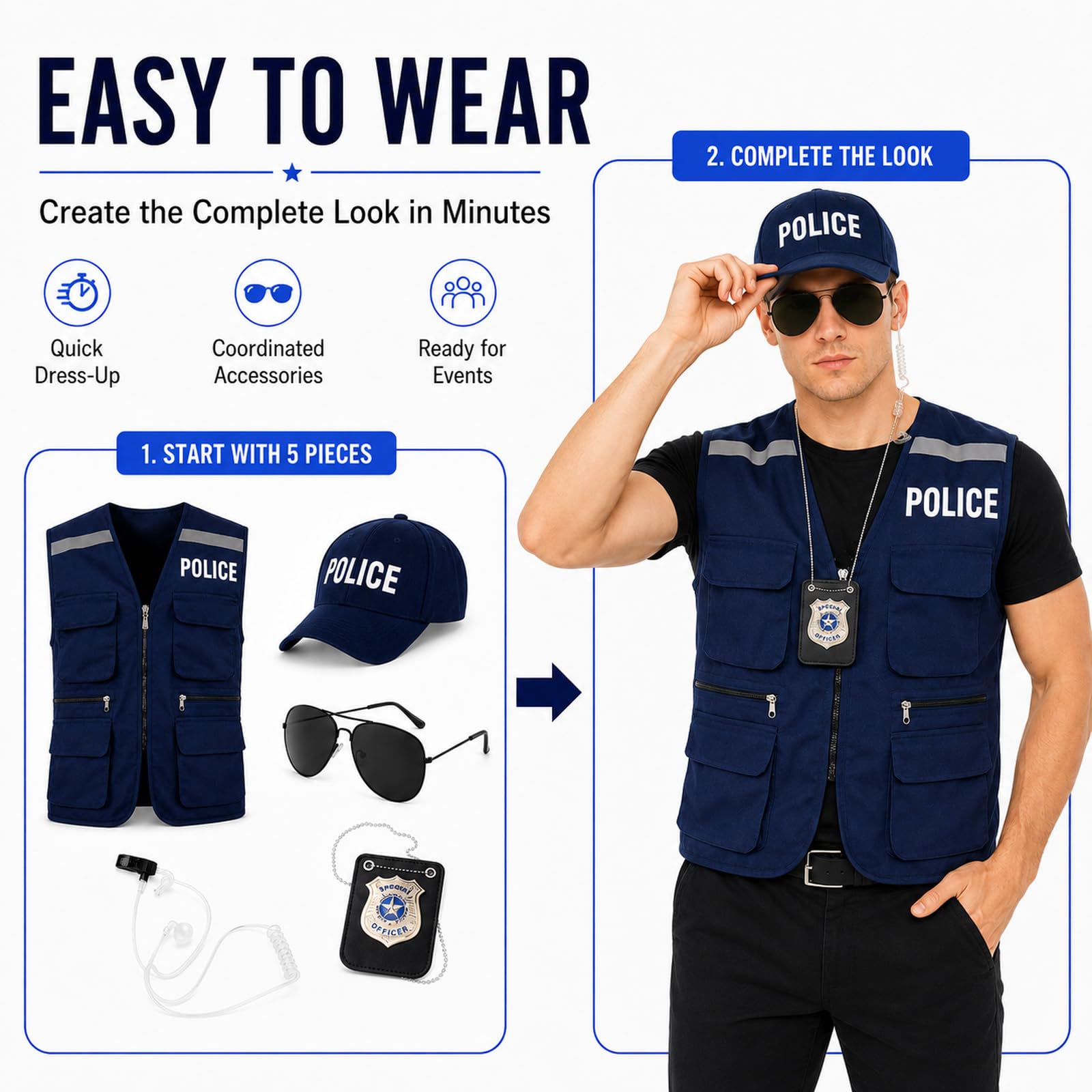 Polizei-Kostüm für Erwachsene, 5-teilig, Halloween-Polizisten-Kostüm, Herren, mit blauer Weste, Polizistenhut, Polizeiabzeichen, Kopfhörer, Brille, blaue Polizeiweste, Cosplay-Outfit für