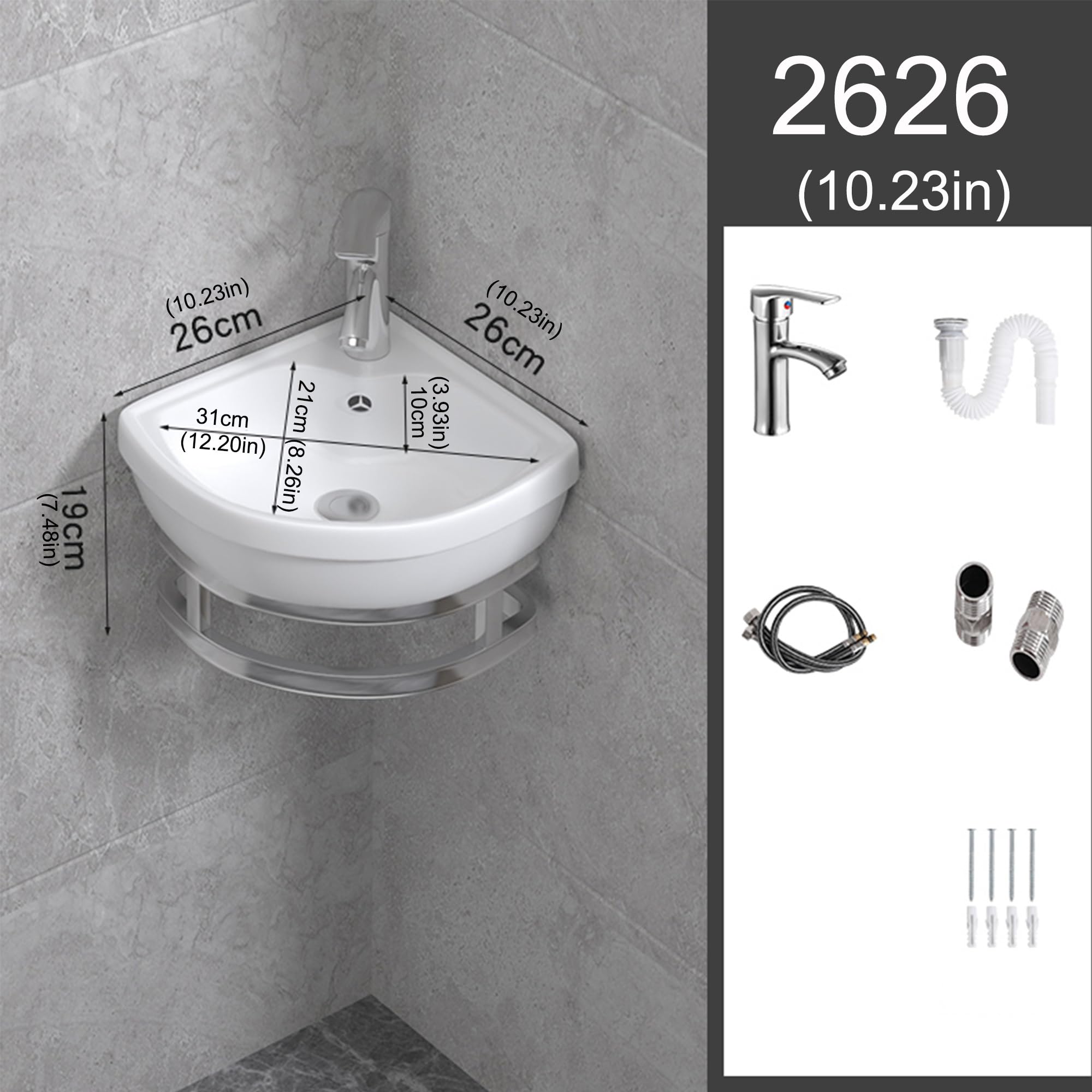 Ensemble Meuble Vasque Salle de Bain sous Lavabo Lave-Mains WC Suspendu Angle avec Robinet Adapté aux Petits Espace (26cm/10.23in)