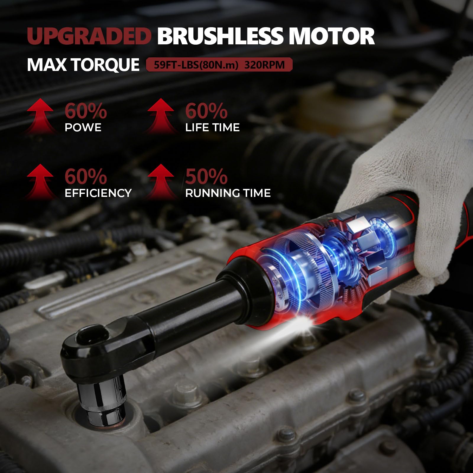 Chiave a cricchetto migliorata a batteria da 3/8" per batteria Milwaukee M18 18 V, 80 N.m, 320 giri/min, velocità variabile, chiave a cricchetto elettrica allungata con illuminazione a LED