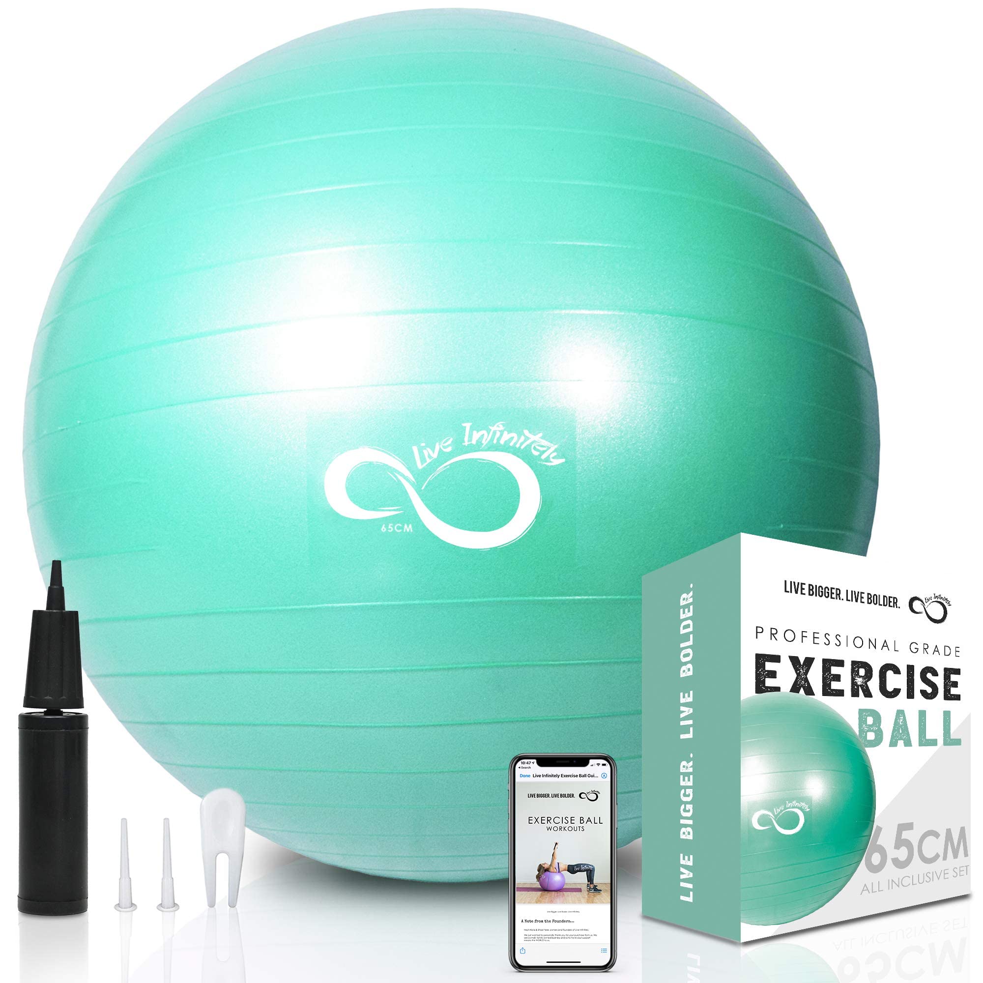 Live InfinitelyExercise Ball (55cm-95cm) Extra Thick Professional Grade Balance & Stability Ball- Anti Burst Tested Supports 2200lbs- Includes Hand Pump & Workout Guide Access