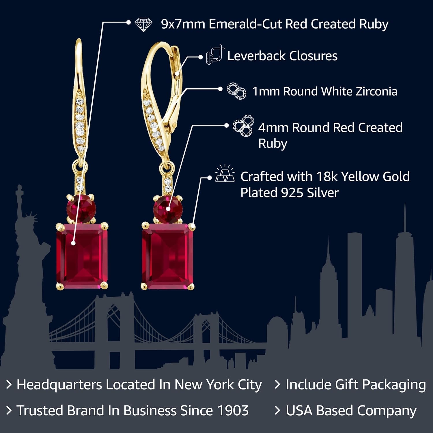 Gem Stone King 18K Yellow Gold Plated Silver Red Created Ruby Dangle Earrings For Women (6.10 Cttw, Gemstone July Birthstone, Emerald Cut 9X7MM)