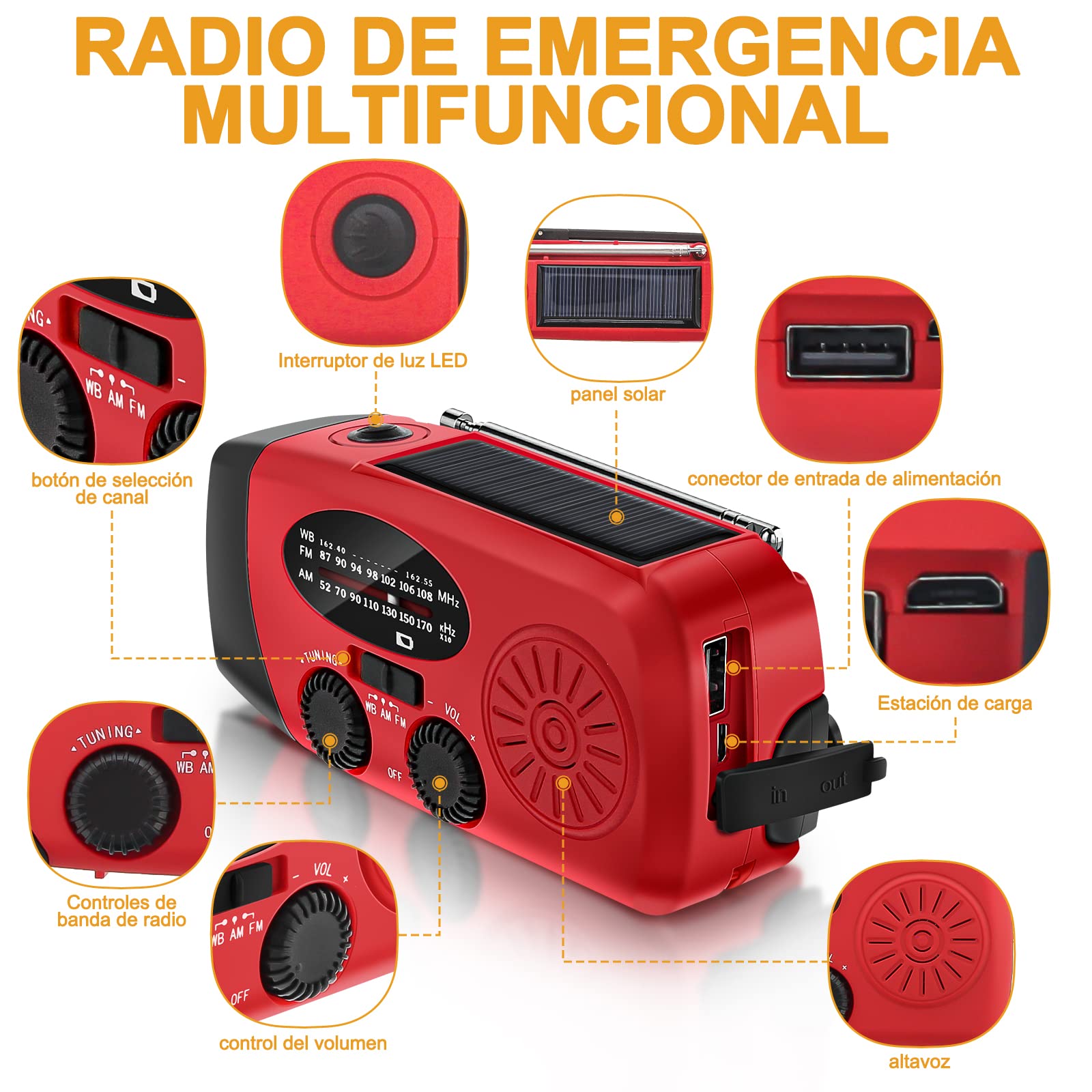 Radio Solar de Emergencia Radio FM/Am/NOAA Portátil Manivela de la Mano Radio con 2000mAh como Power Bank 3-LED Linterna Alarma SOS Radio portátil y Recargable doméstica y de Camping