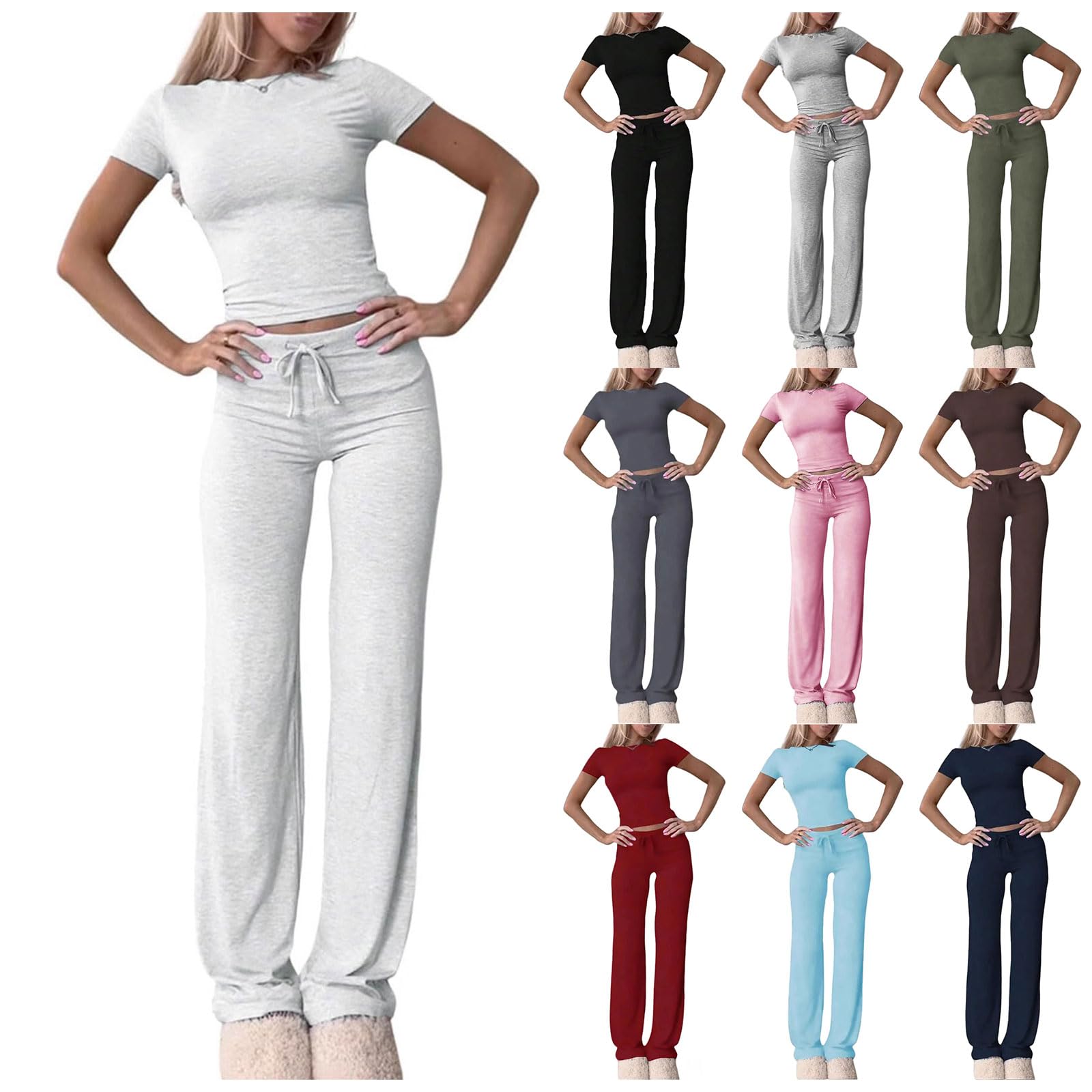 Sweat Suits for Women 2 Piece Bodycon Outfits Short Sleeve Crop Tops Straight Leg Sweatpants Workout Track Suit