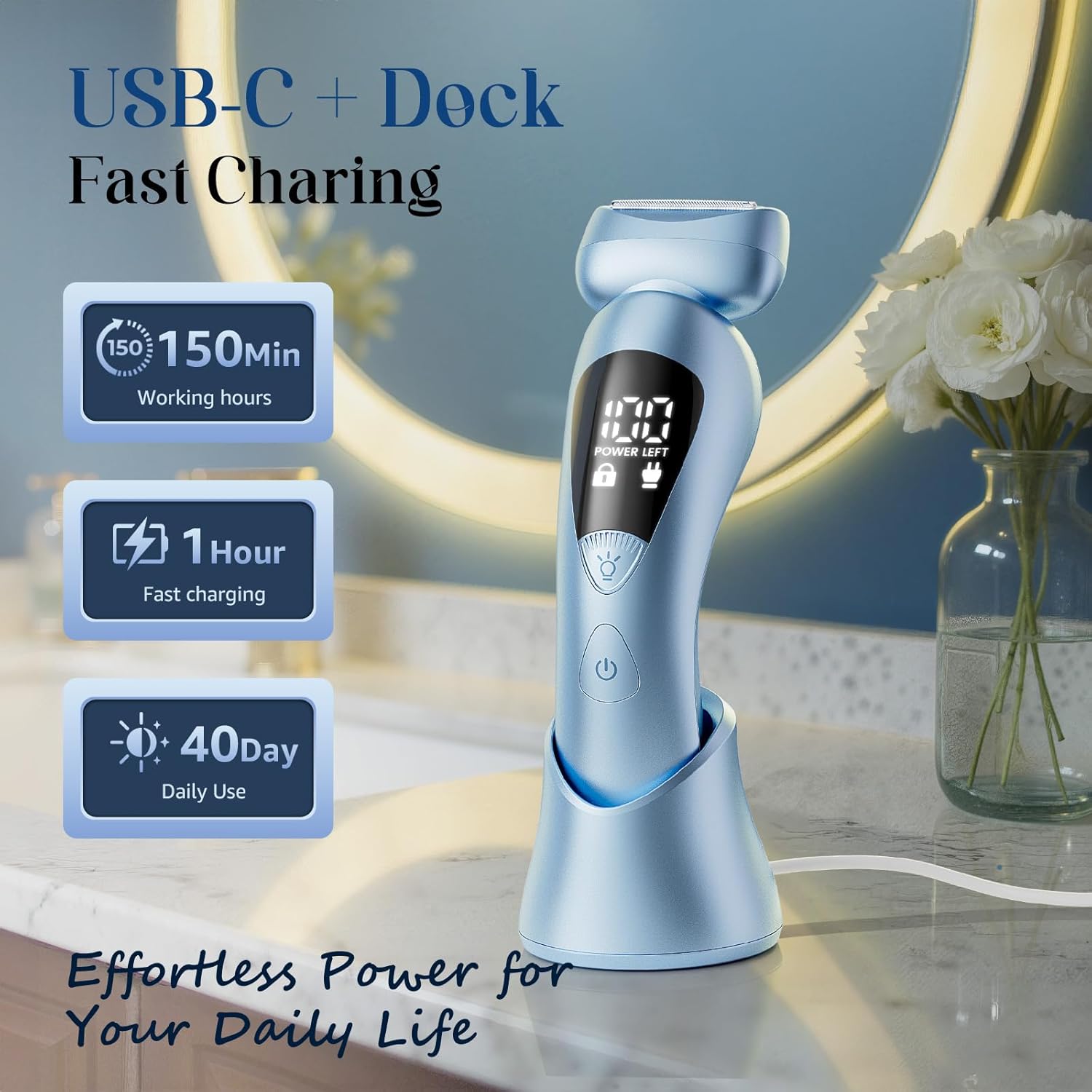 rategist Cordless Electric Razors for Women: Rechargeable Painless Bikini Trimmer for Body Hair - IPX7 Waterproof Shaver with LED Display for Face/Underarm/Leg Deep Blue - Image 5