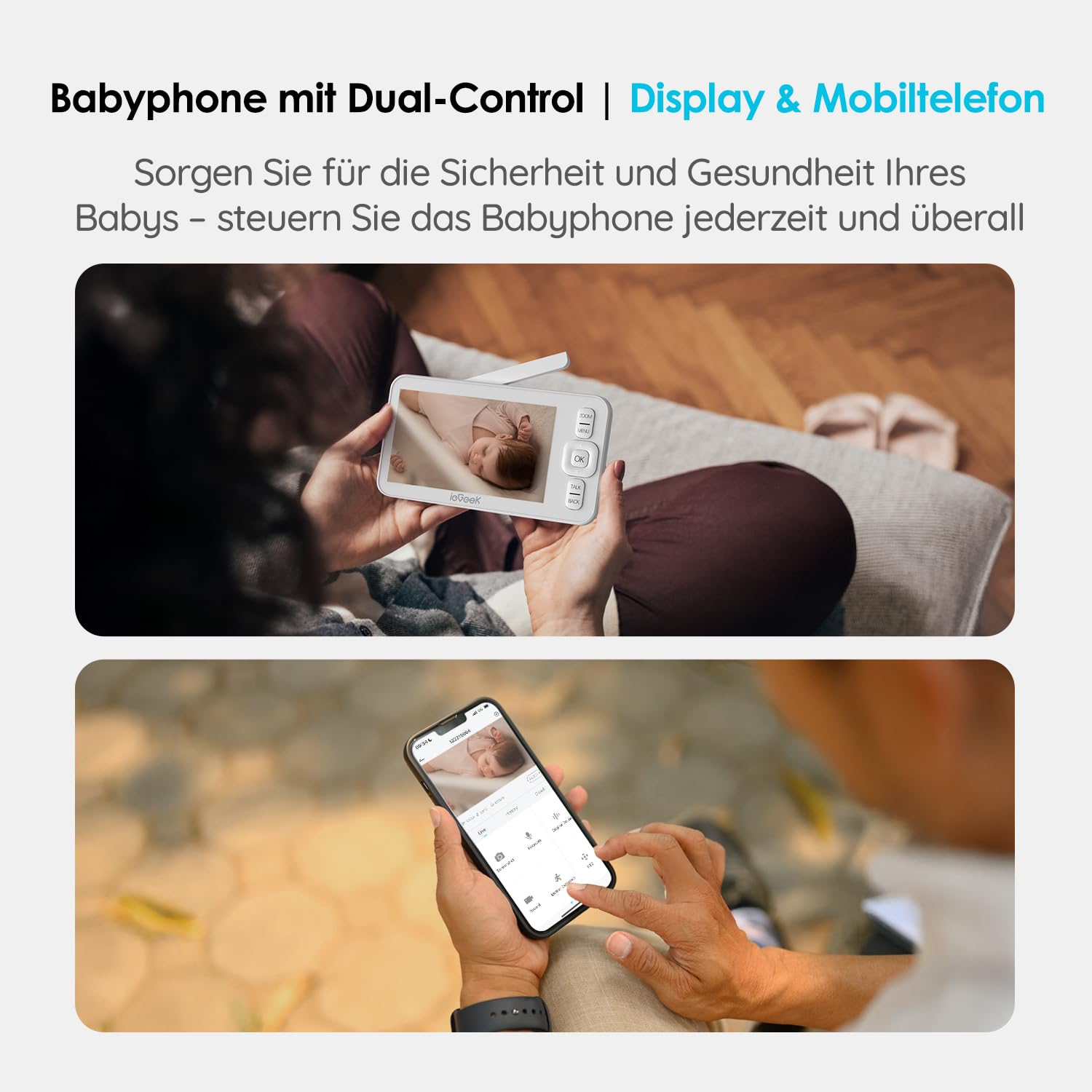 ieGeek Babyphone mit Kamera 1080P, App und 5 Zoll WLAN Video-Babyfon mit PTZ 355°, 4-Fach Zoom, Zonenalarm, Bewegungs-/Geräuscherkennung, Temperatur- und Feuchtigkeitssensor, Nachtsicht