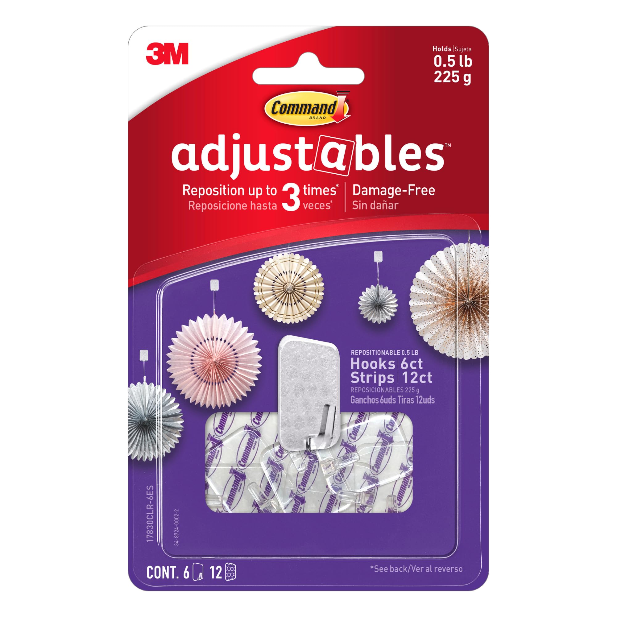 Command Adjustables Hooks & Clips [Repositionable]: Adjustable Hooks / 6-Pack (Clear)