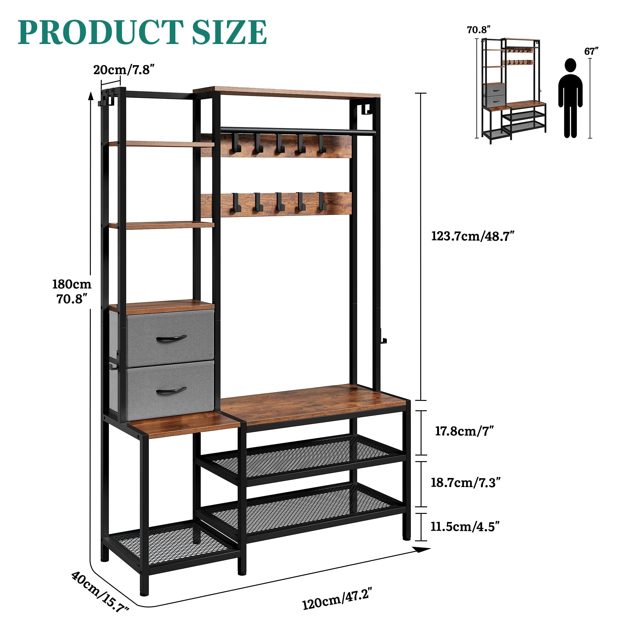 YITAHOME Perchero industrial con 9 ganchos, para pasillo, salón o dormitorio, con estructura de metal