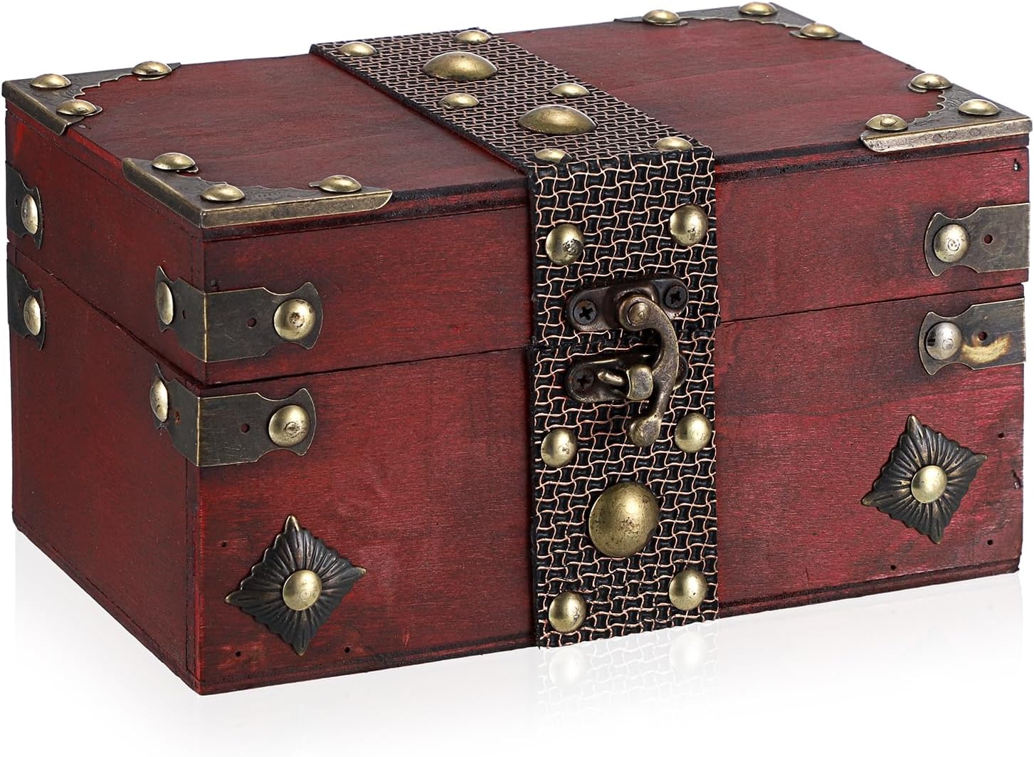 ELLDOO Vintage Red Wooden Treasure Chest Jewelry Box - Pirate Keepsake Storage for Tarot Cards, Crystals, Trinkets & Gifts