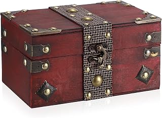 ELLDOO Vintage Red Wooden Treasure Chest Jewelry Box - Pirate Keepsake Storage for Tarot Cards, Crystals, Trinkets & Gifts