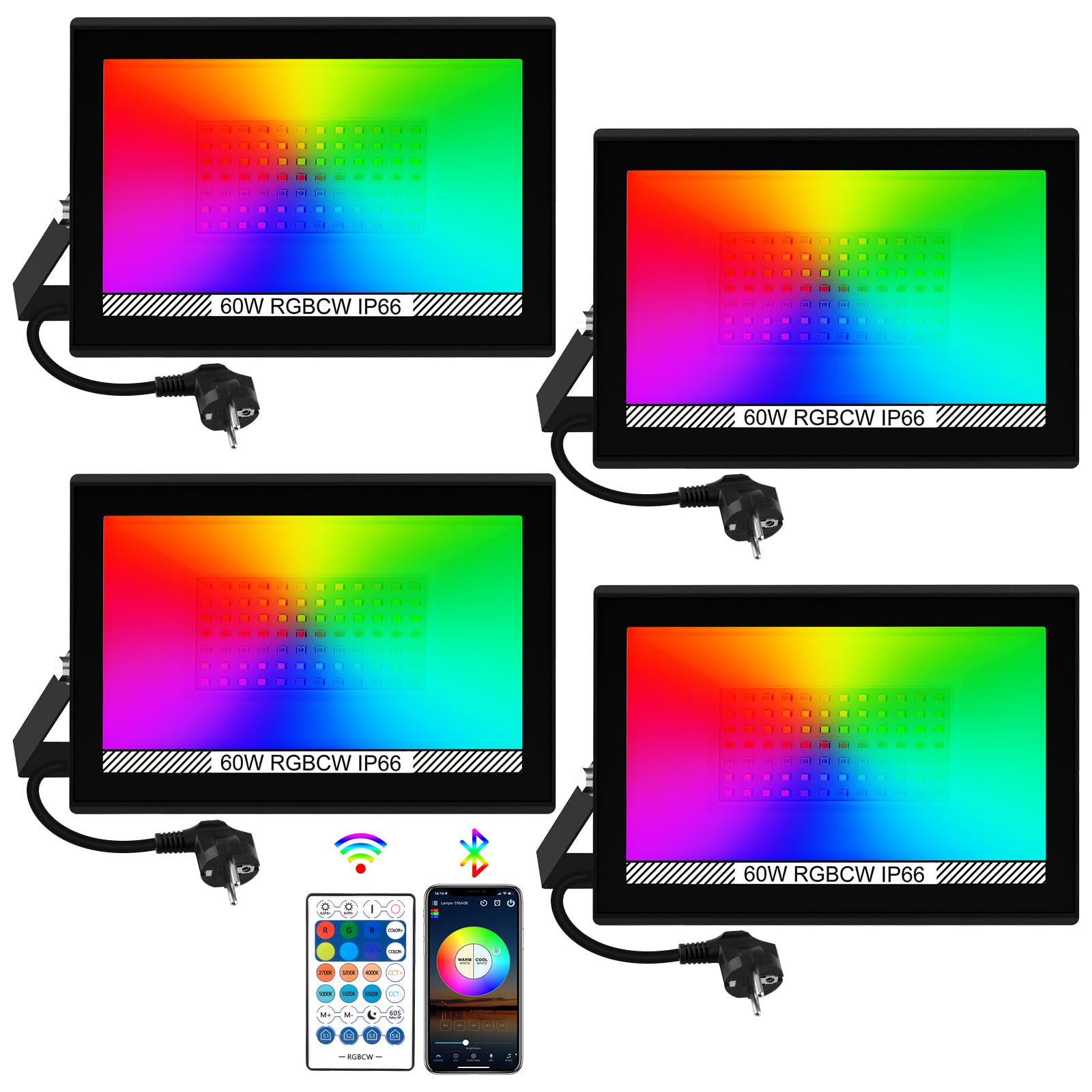 Faretto LED RGB Esterno, T-SUNUS 60W Proiettore LED RGB con APP Bluetooth e Telecomando, IP66 Impermeabile Dimmerabile per Giardino Pasqua Partito Halloween 4 Pezzi