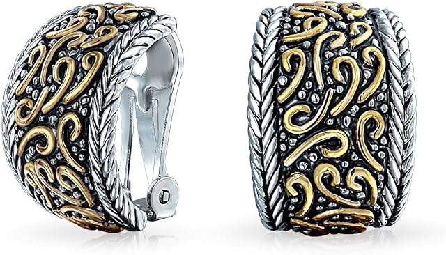 Bali Style Swirl Two Tone Wide Half Hoop Clip On Earrings Non Pierced Ears Black Oxidized Sliver Gold Plate Brass