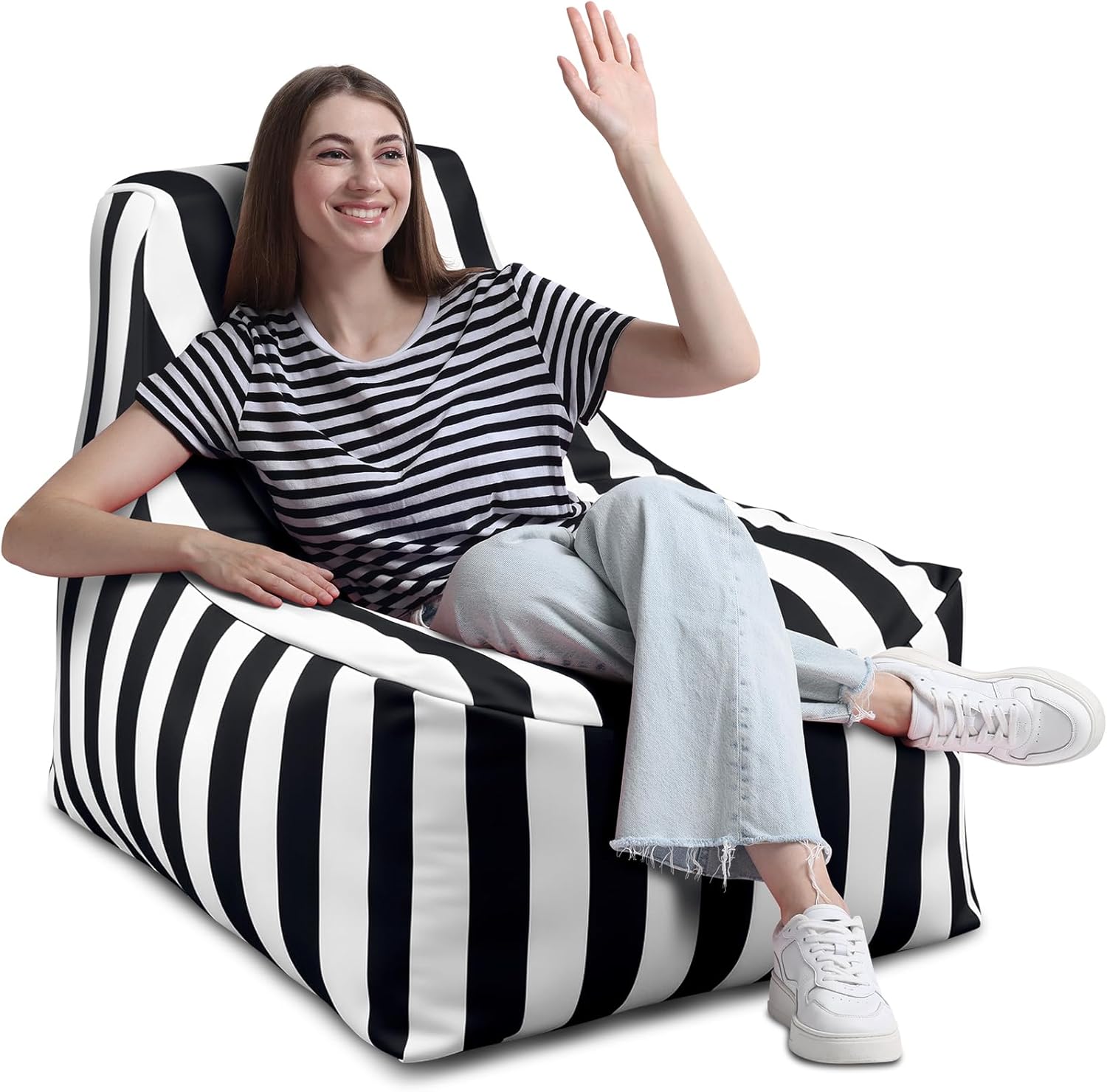 1 Pcs Black Outdoor Bean Bag Chair for Adults, Waterproof Patio Bean Bag Lounger with Washable Removable Cover, Striped Floor Chair for Balcony, Deck, Poolside, Boat, Marine, Garden (White)