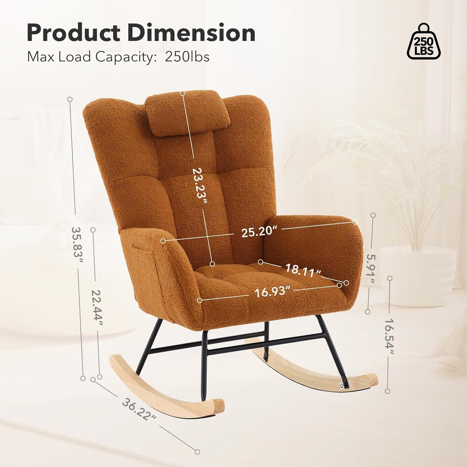Fauteuil a Bascule, Fauteuil Allaitement pour Salon,Fauteuils Rembourrés en Peluche avec Dossier Haut, Cadre en Métal et Bois avec Poches Latérales,pour la Nurserie,Chambre, Marron