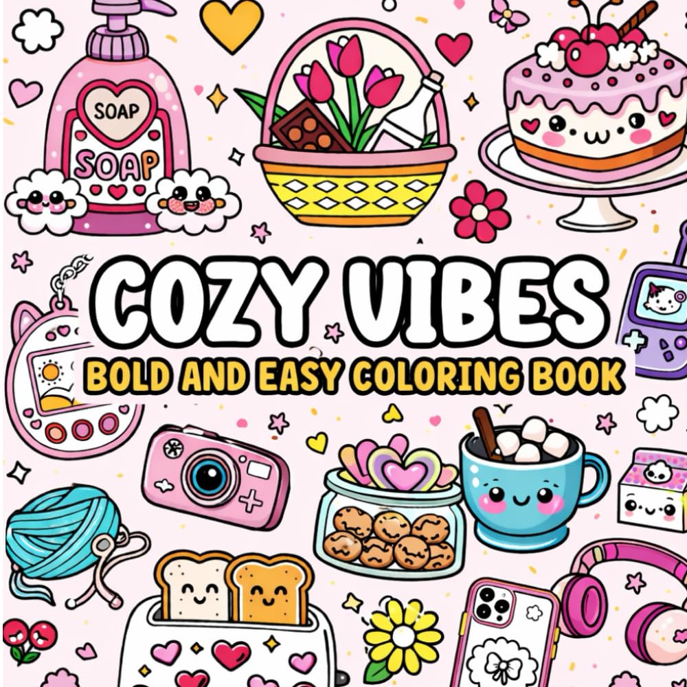 Bold and Easy Coloring Book for Relaxation, Stress Relief, and Cute Cozy Fun