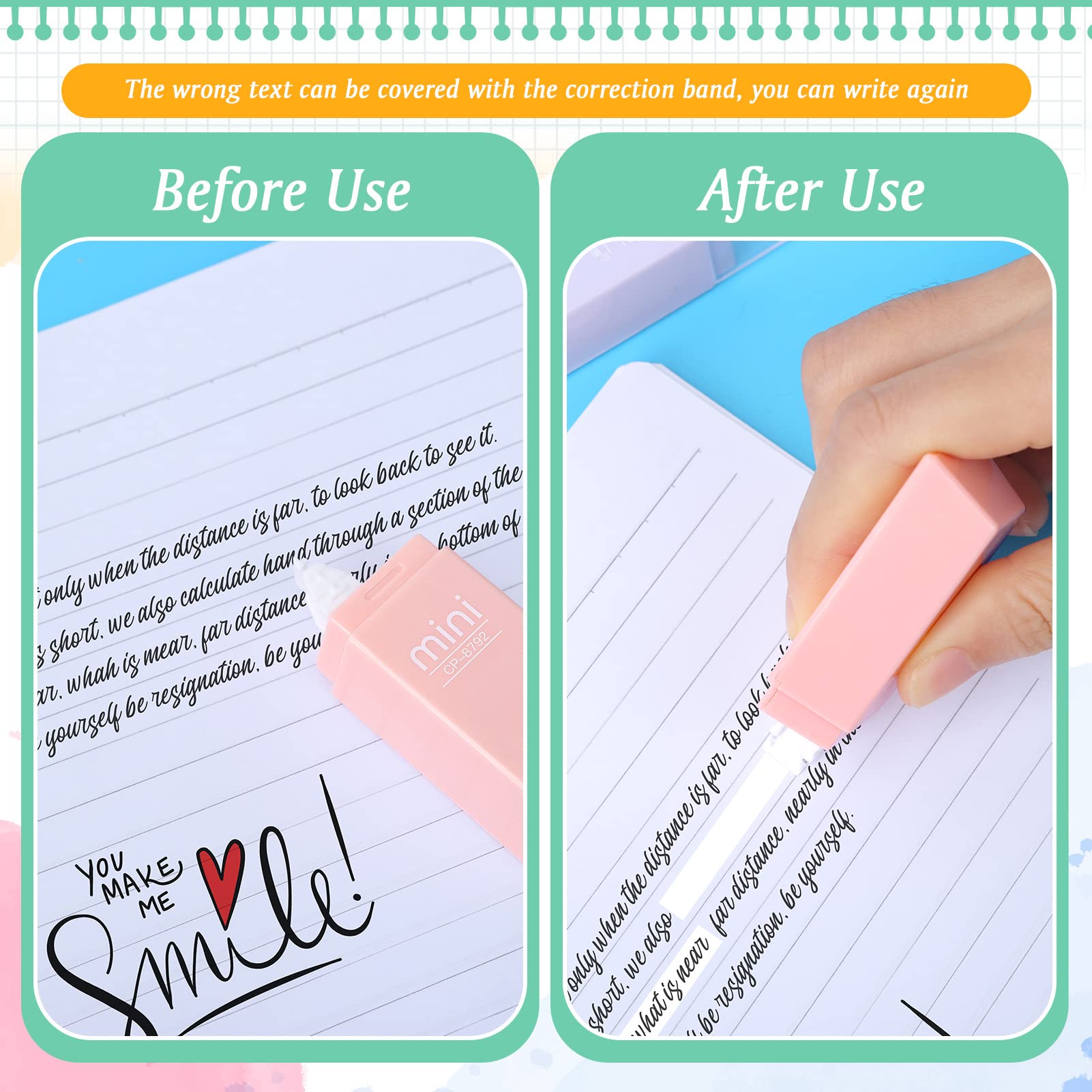 12 Pcs 12m X 5mm Correction Tape, Pocket Correction Tape Roll On For School And Office Blue Yellow Purple Green