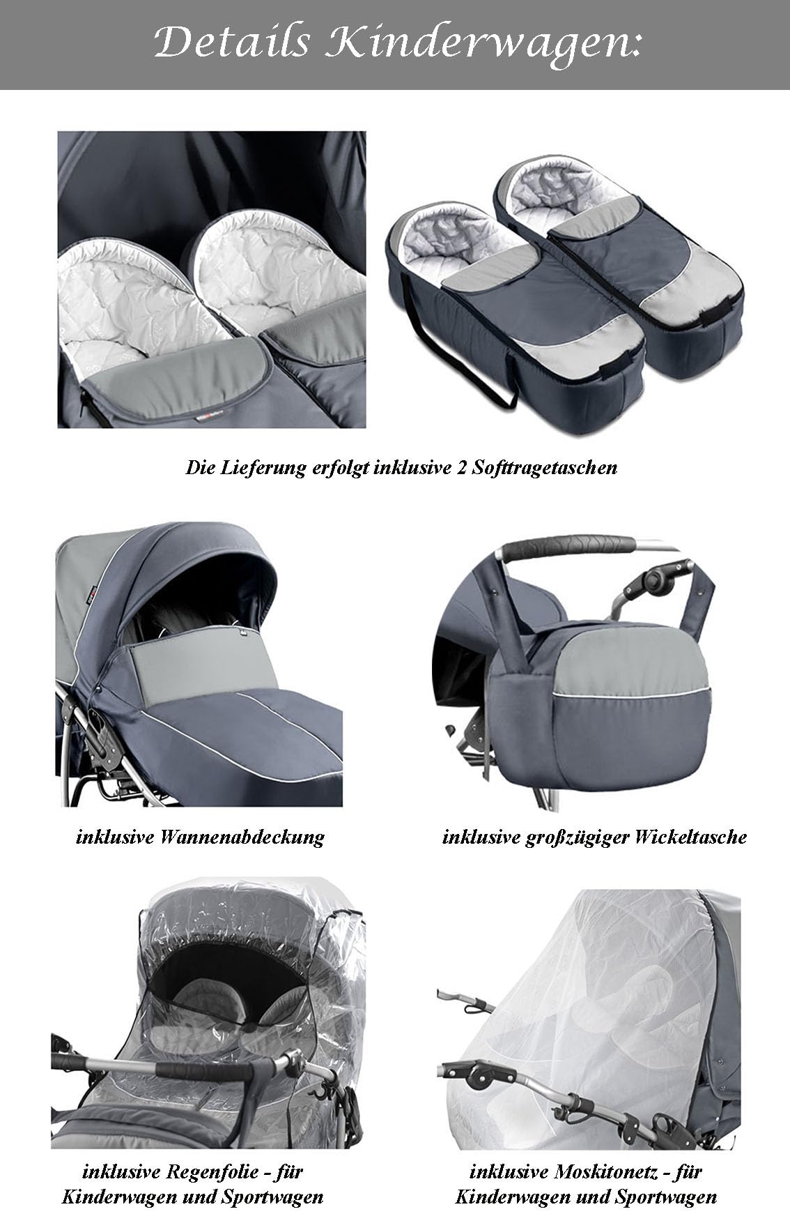 Zwillingskinderwagen 3 in 1 City Twin - 15 Teile - in Farbe Schwarz