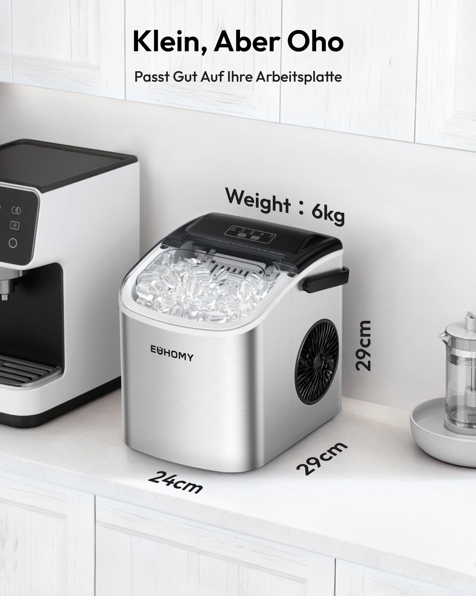 EUHOMY Eiswürfelmaschine Klein, 9 Eiswürfel in 6 Minuten, 12 kg/24H, Eiswürfelmaschine Edelstahl mit Tragbarem Griff, Selbstreinigender Kompakter Eiswürfelmaschinen für Zuhause/Küche/Büro/Bar