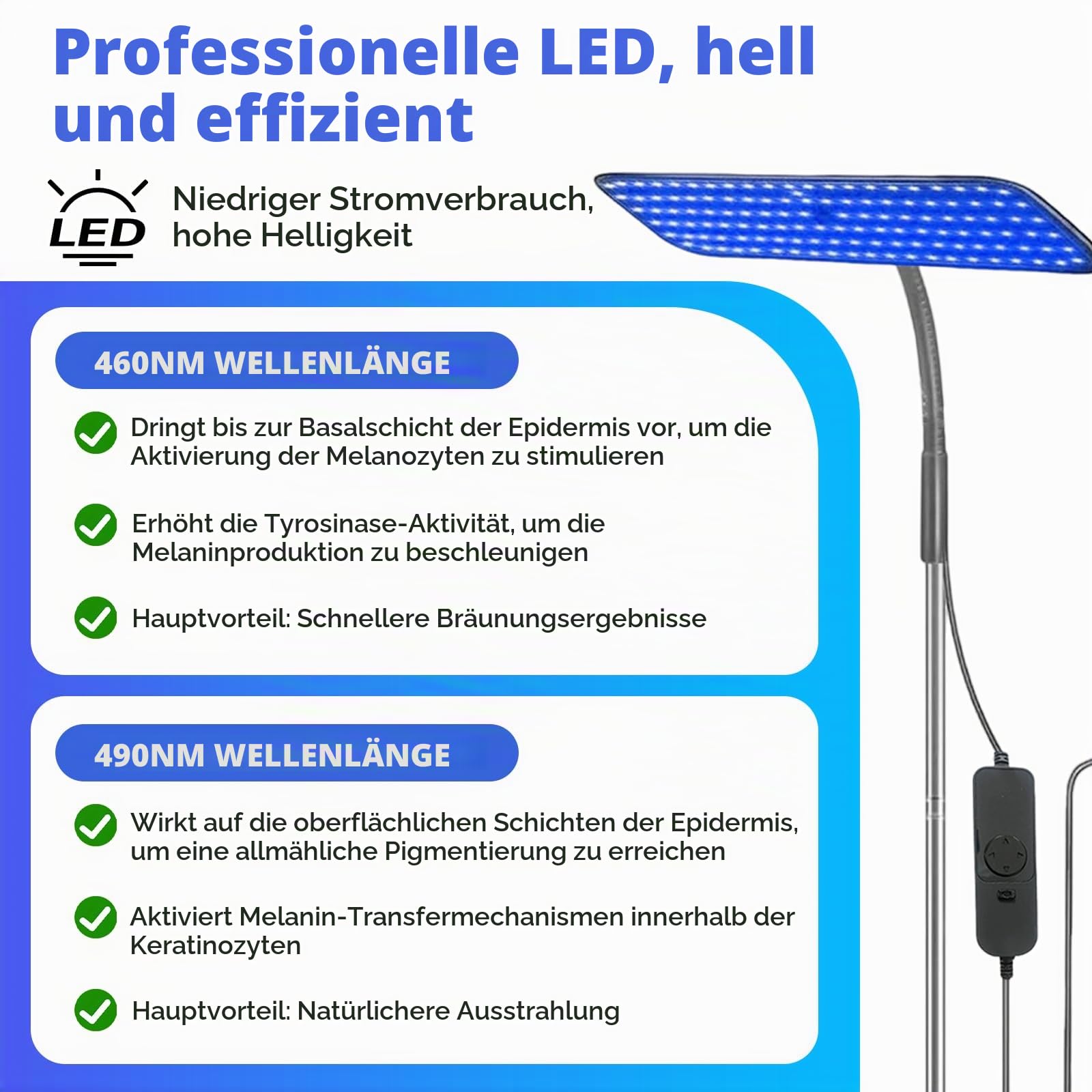 Solarium Für Zuhause,460NM&490NM Bräunungslampe mit solarium brille,25WBlaues Licht Bräunungslicht Solarium,Verstellbarem Metallständer & Timer,Gesichtsbräuner mit 126 Stück LEDs für den Heimgebrauch