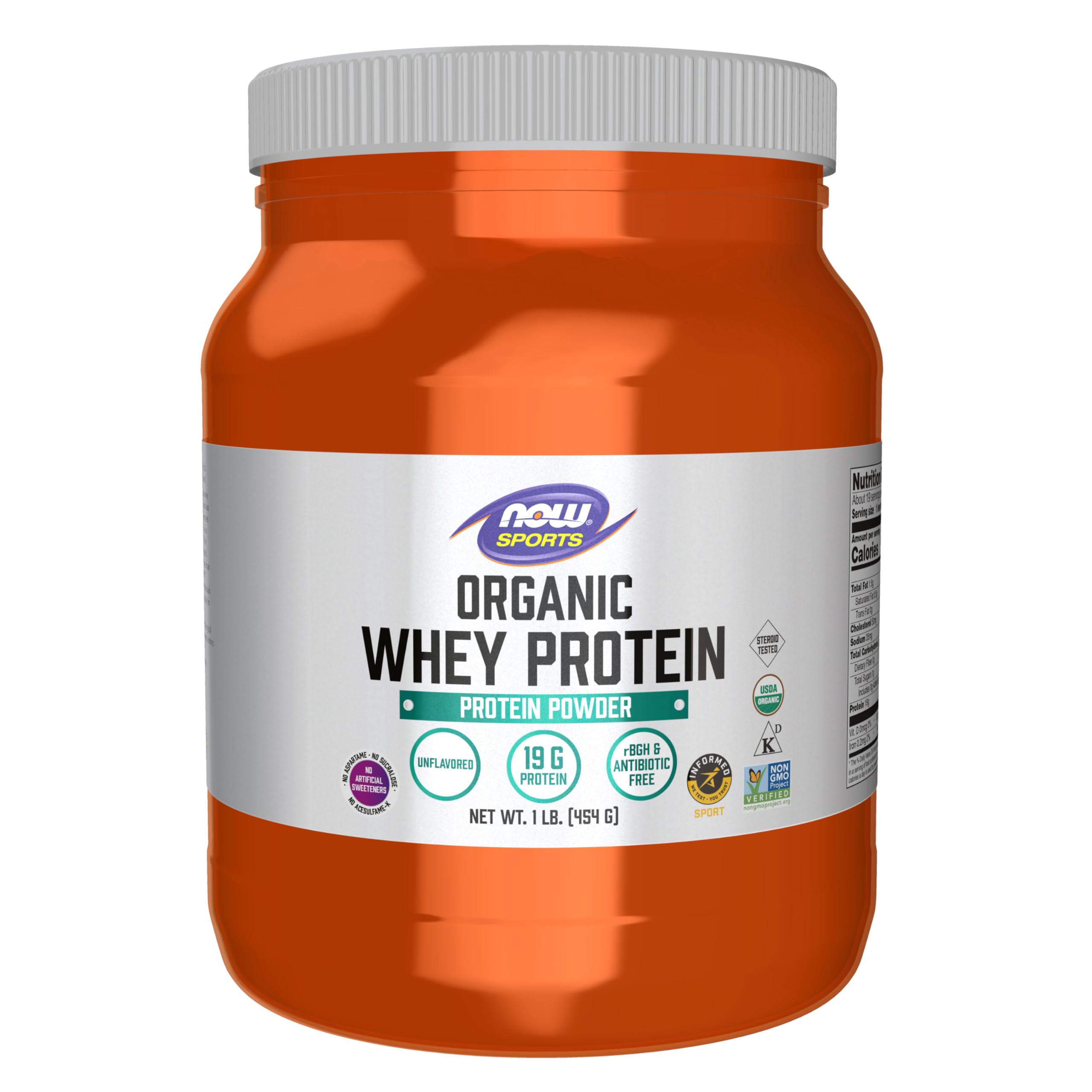 Sports Nutrition, Certified Organic Whey Protein 19 g, Unflavored Powder, 1-Pound