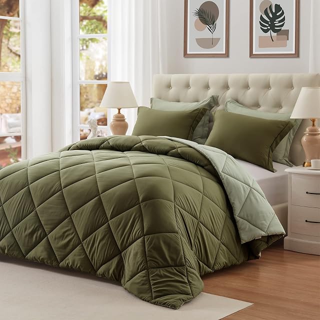 NexHome Down Alternative Solid Comforter Set Queen Size, Lightweight Comforter Set Thin Microfiber Reversible Autumn Spring Summer Winter Bedding Comforter (Queen, Olive Green/Sage Green)
