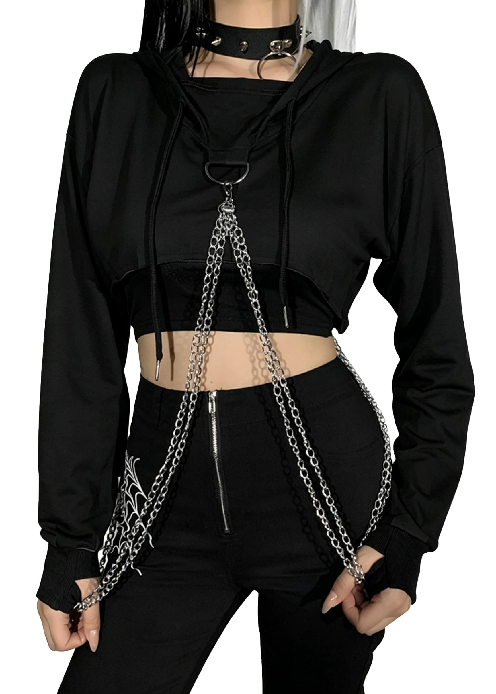 Top de verano para mujer Crop Hoodie Sudadera con Capucha y Cadena Corta Top Capucha Blusa Negra Camiseta Básica
