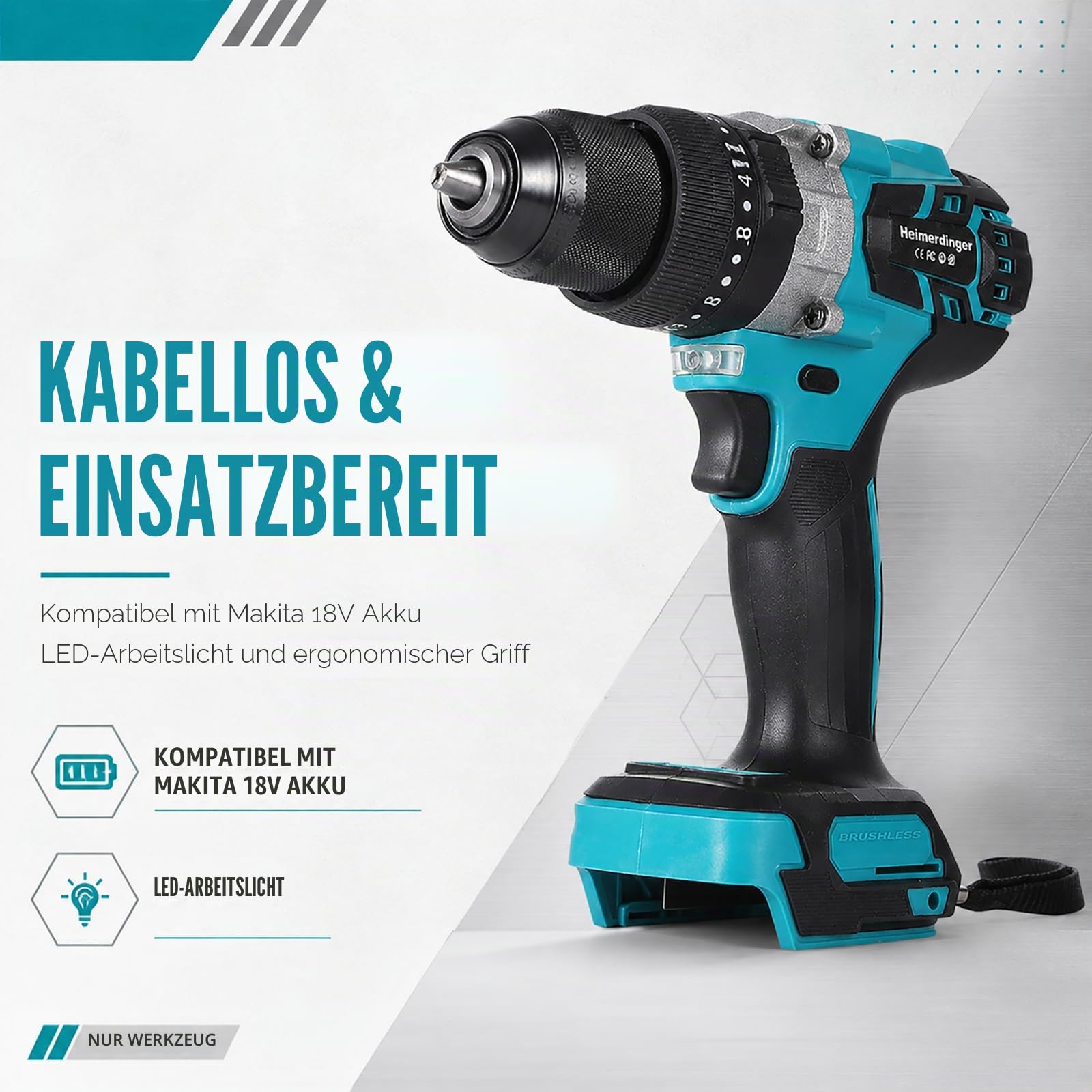 150Nm Bürstenloser Akku-Schlagbohrschrauber für Makita 18V Batterie, 13mm Zoll Bohrfutter, 2-Gang Getriebe, 21 Drehmomentstufen Elektrischer Schlagschrauber Bohrhammer