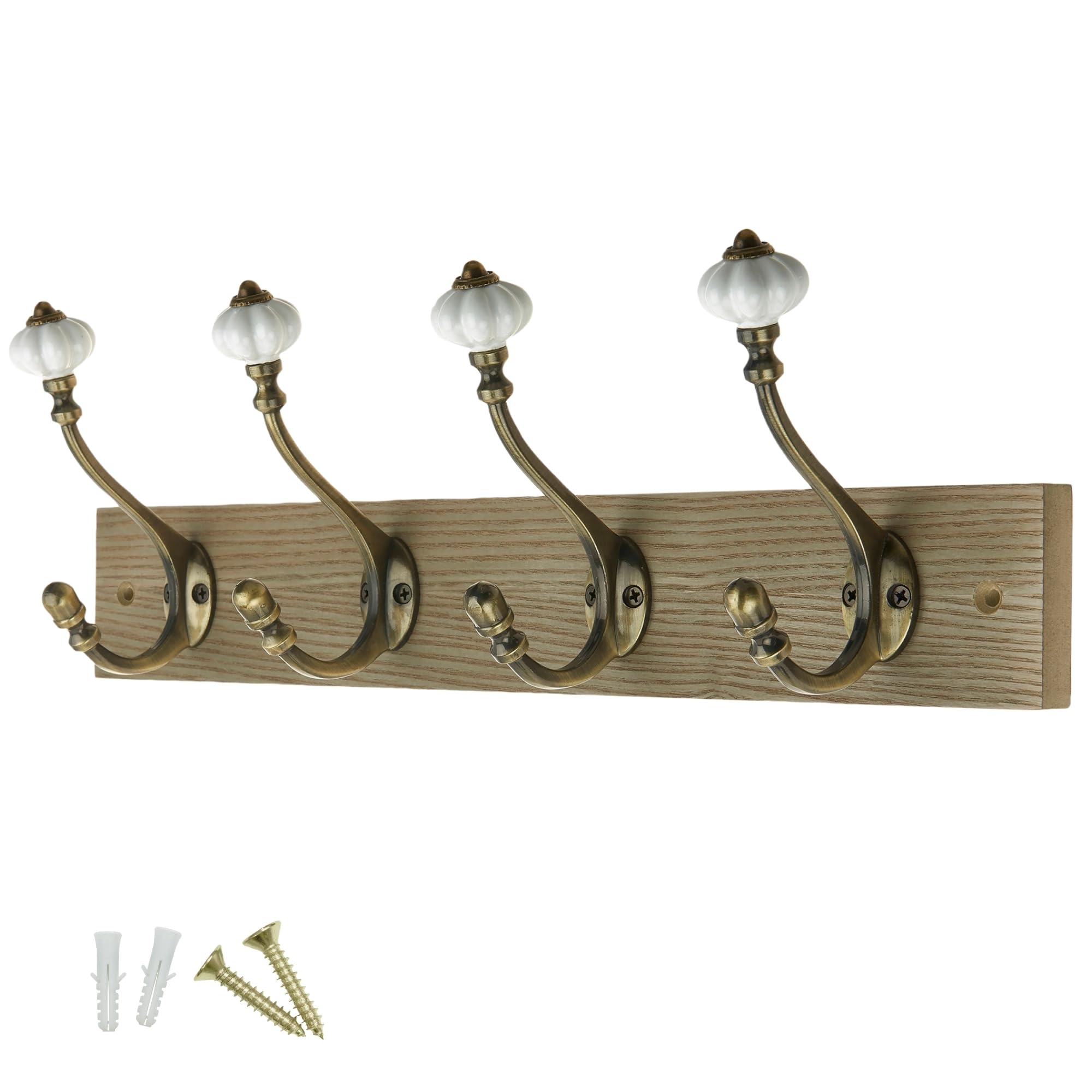 Keypak Antique Brass Ceramic Top Deco Hooks Victorian Wall-Mounted Coat 4,Hook Rail, 46 Cm, Handcrafted Dark Wood With Brass & Ceramic Hooks For Coats, Towels & Bags