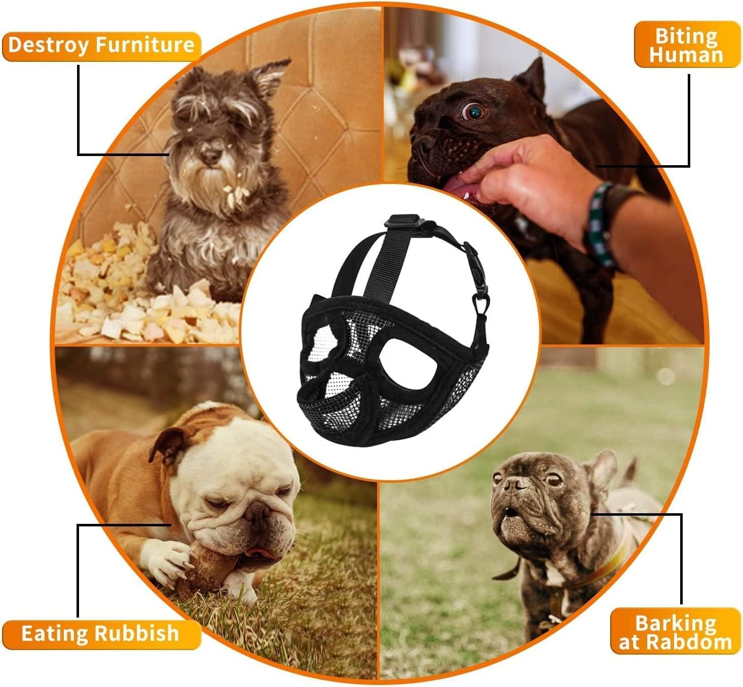 Short Snout Dog Muzzle - Adjustable Breathable Mesh Bulldog Muzzle for Barking Biting Chewing Training (Black(Tongue Out), S)