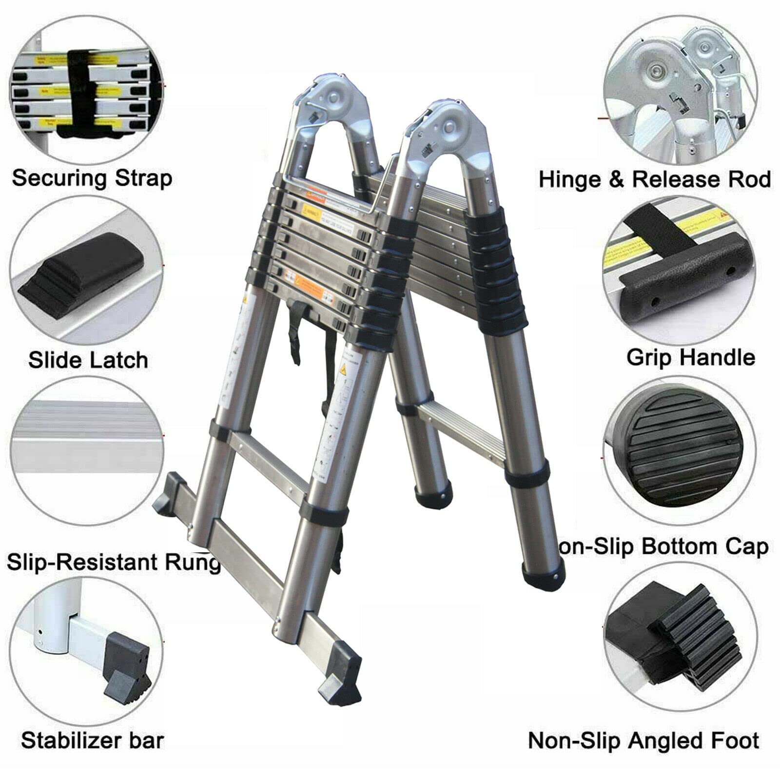 Scala telescopica con stabilizzatore, 5 m (2,5 m + 2,5 m), scala pieghevole ad A, in acciaio inox di alta qualità, scala allungabile, scala multiuso, portata 150 kg
