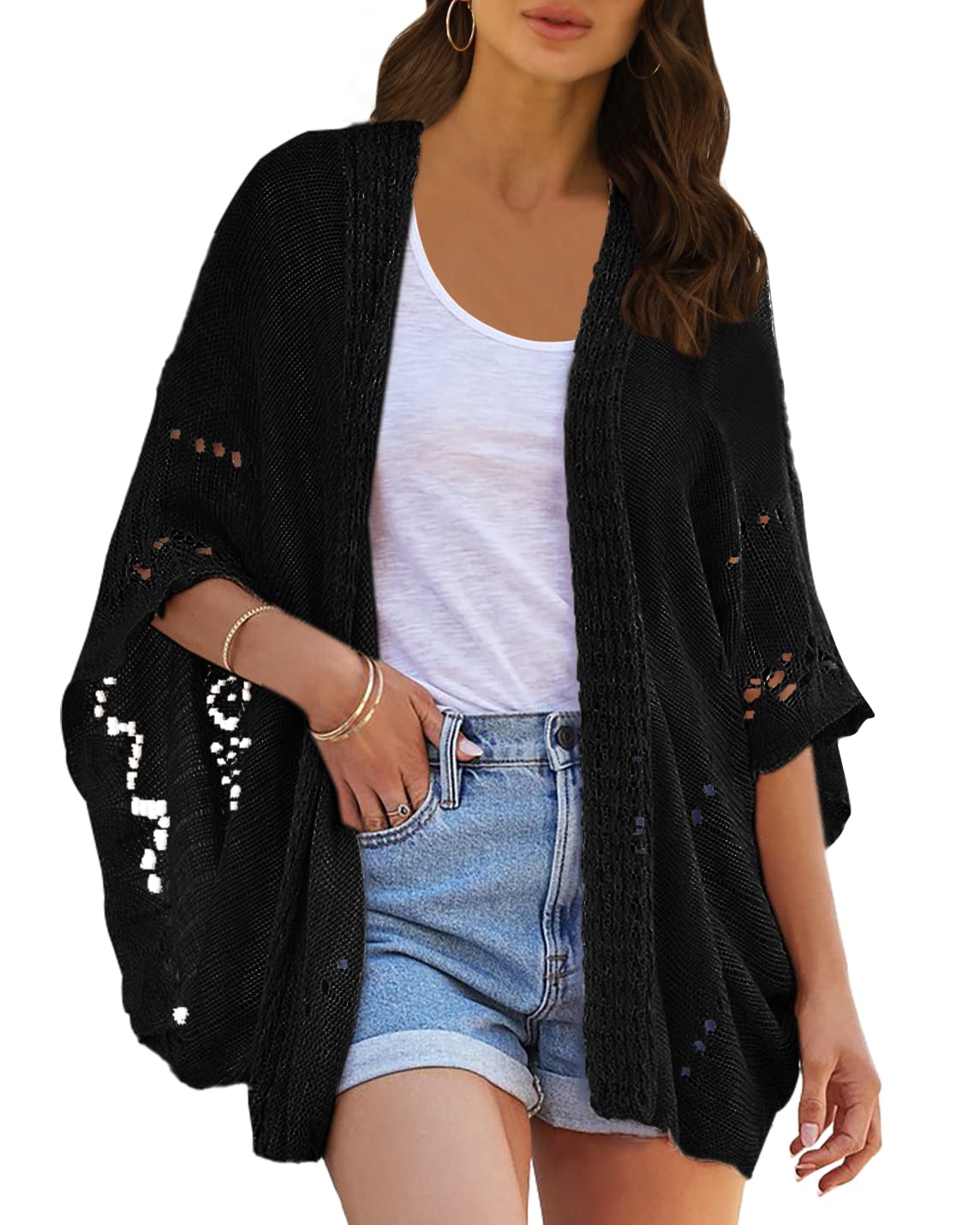Ermonn Crochet Cardigan Sweaters for Women Open Front Kimono Batwing Sleeve Plain Casual Lightweight Outerwear