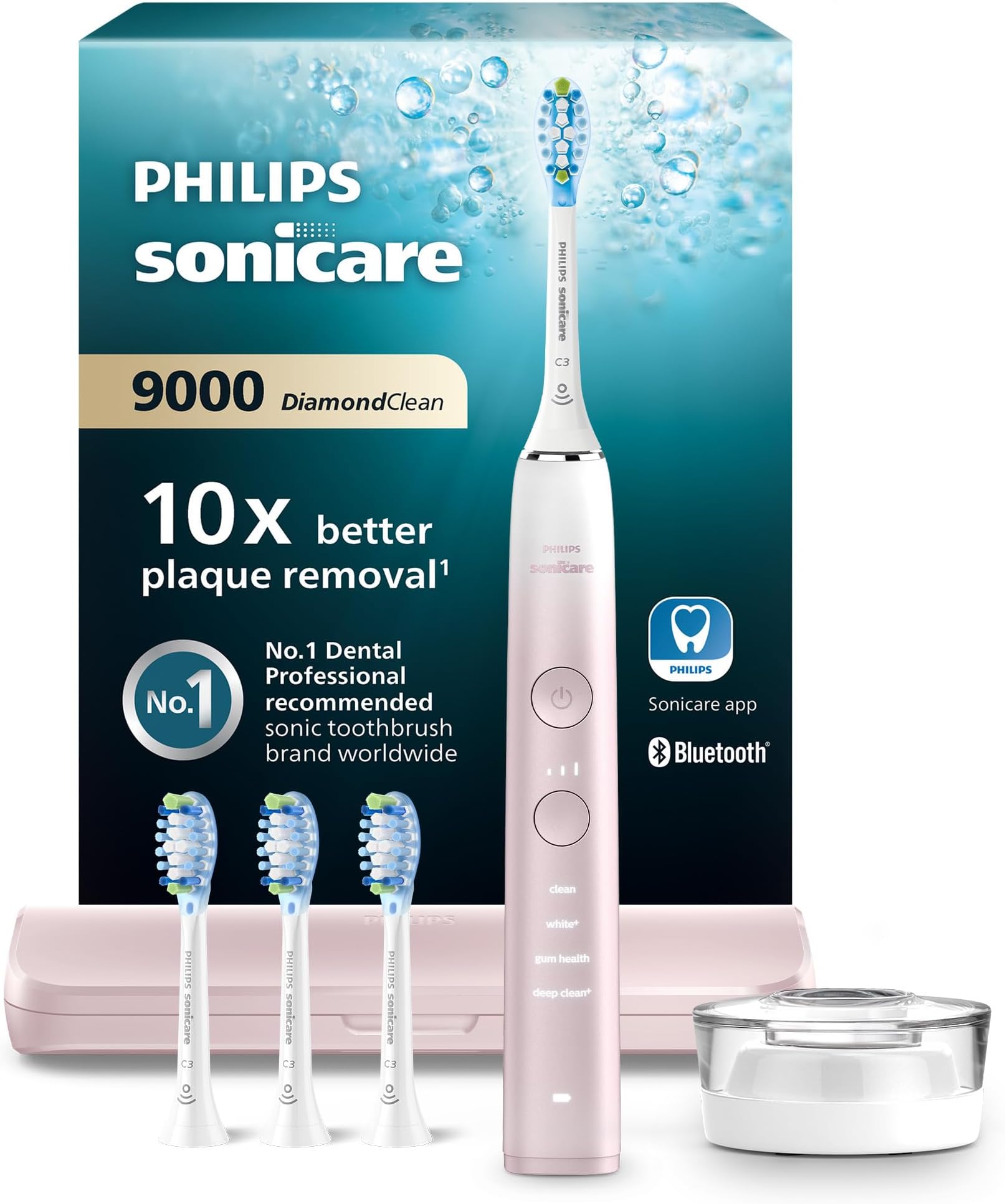 Sonicare DiamondClean 9000 Series Electric Toothbrush - Sonic Toothbrush, Cleaner Teeth and Oral Care with 4X C3 Premium Plaque Defense Brush Heads, Pink (Model HX9911/79)