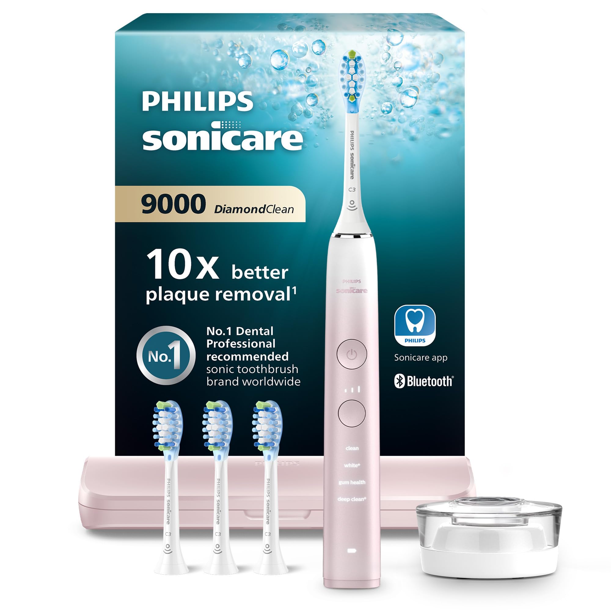 Sonicare DiamondClean 9000 Series Electric Toothbrush - Sonic Toothbrush, Cleaner Teeth and Oral Care with 4X C3 Premium Plaque Defense Brush Heads, Pink (Model HX9911/79)