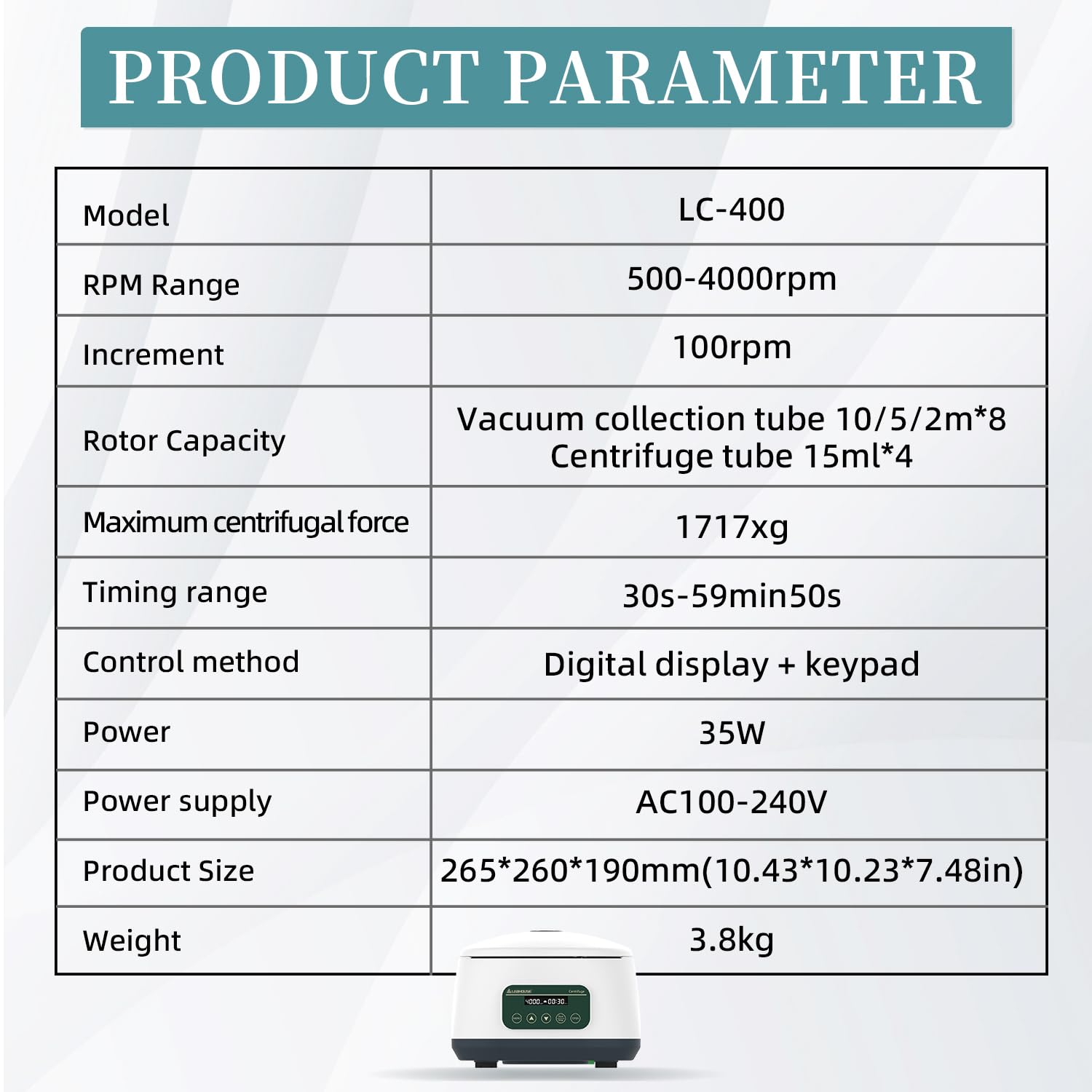 Zentrifugenmaschine, 2 ml/5 ml/10 ml/x8, 15 ml L x 4, Geschwindigkeit, 500–4000 U/min, 1717xg, RCF Labortisch-Zentrifugen-Timer, 30 sec-59min50sec