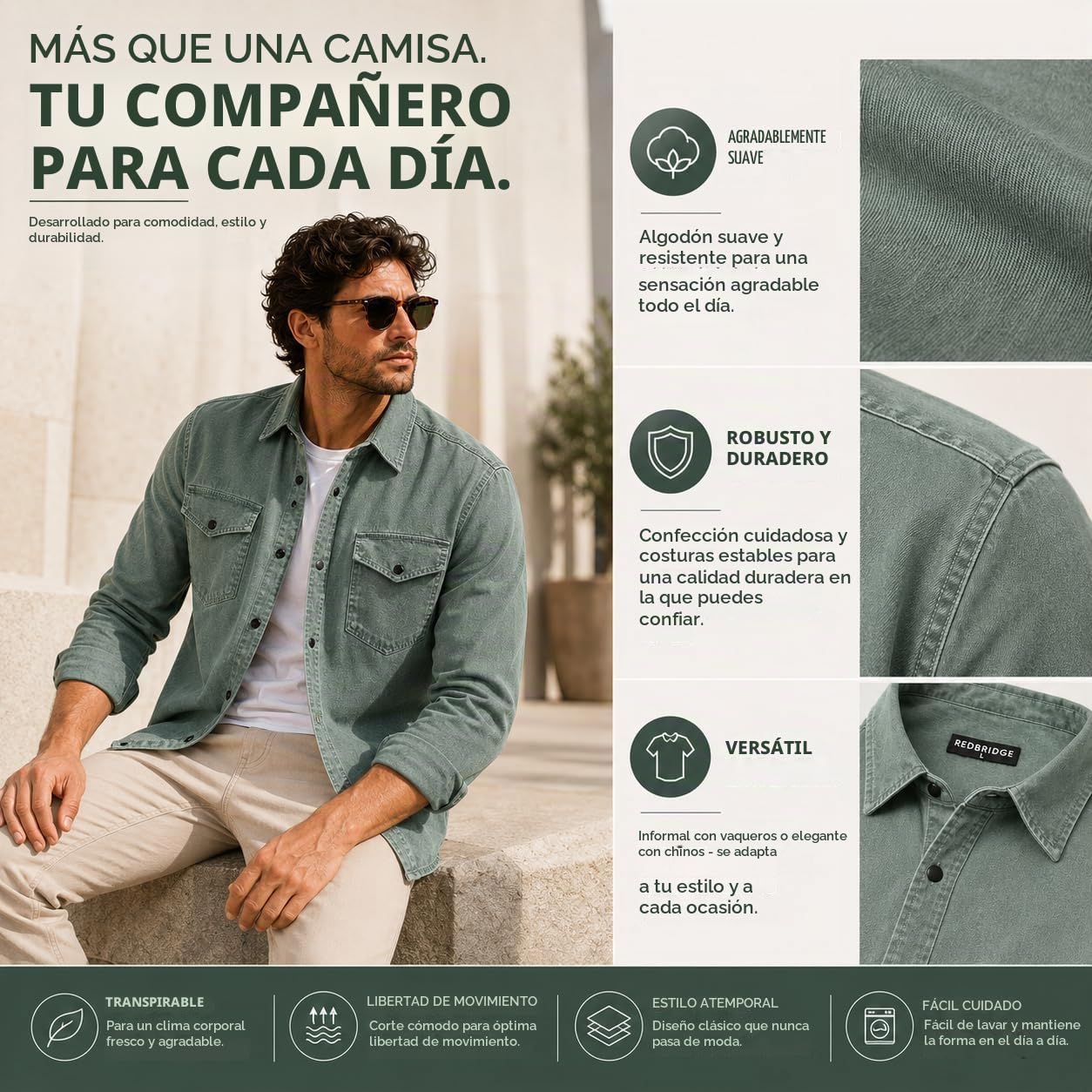 Red Bridge Camisa vaquera para hombre, informal, con bolsillo en el pecho
