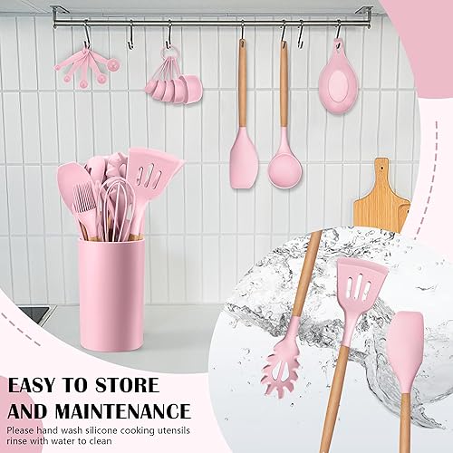 Miniatura 7 de HaWare Juego de utensilios de cocina de cocina, 23 piezas de silicona con soporte, mango de madera resistente al calor, utensilios de cocina para