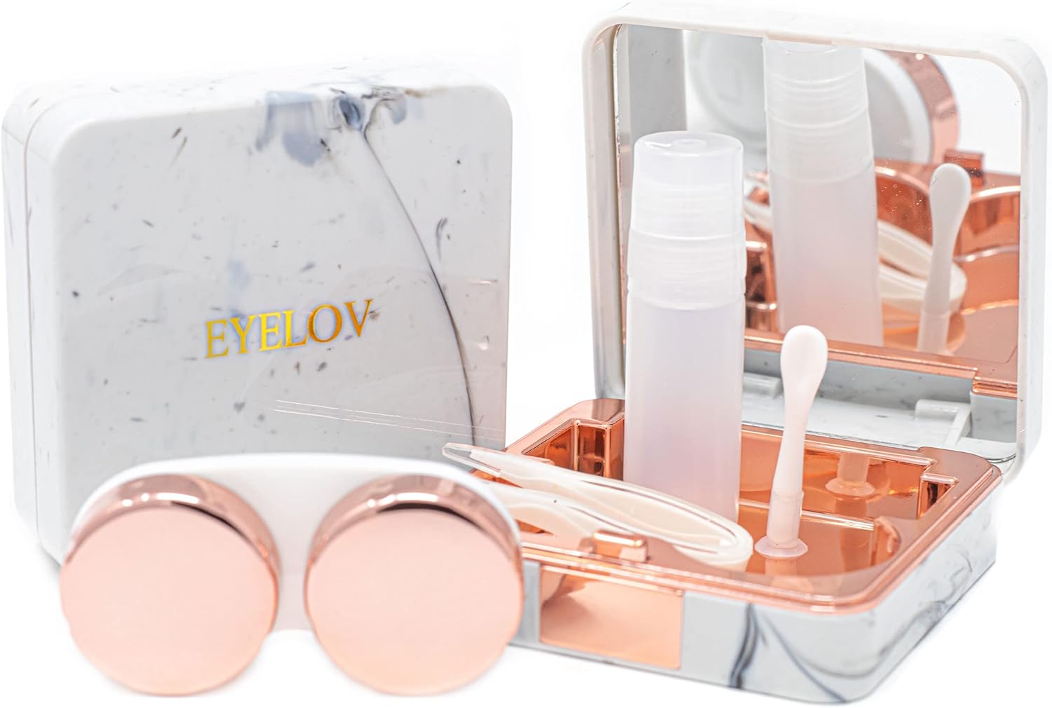 EYELOV Contact Lens Travel Case, Cute Marble Mini Contact Lens Travel Kit Holder Container Includes Contact Lens Remover Tool with Bottle and Tweezers (Rose Gold) : Health & Household