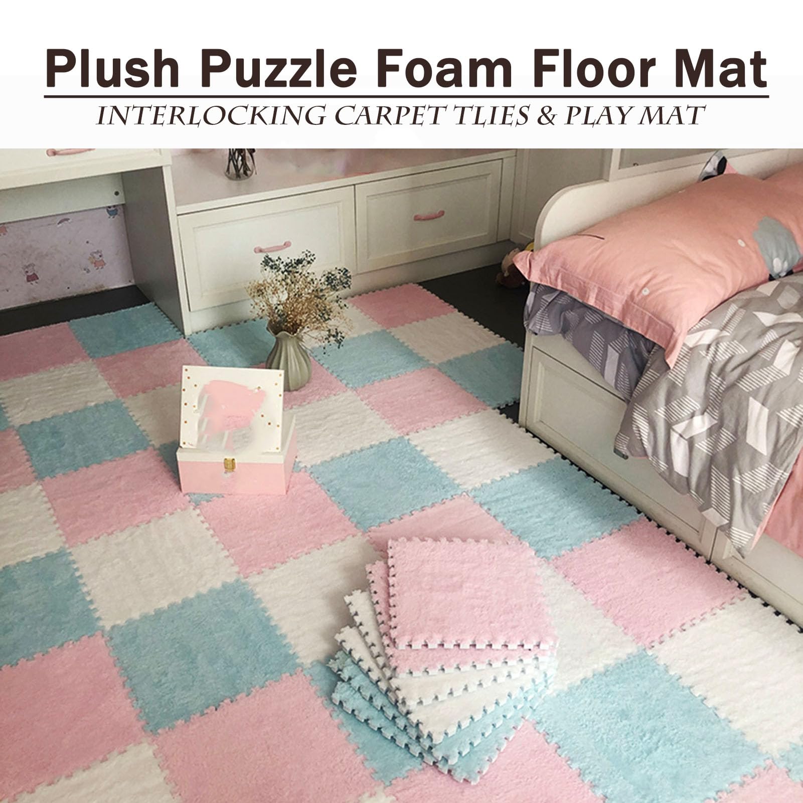 80 Tappeti Puzzle per Pavimento, Tappetino in Schiuma di Peluche, Tappetino Puzzle, Tappetino da Gioco per Soggiorno, Piastrelle di Moquette Ad Incastro (Viola+Bianco 0,23 Pollici)