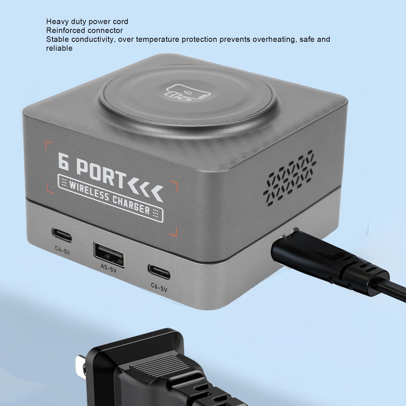 Diyeeni Stazione di Ricarica da Tavolo a 6 Porte, Hub Caricabatterie Rapido da Parete da 80 W con Caricabatterie Wireless per Smartphone, Tablet e Altro, Stazione di Ricarica USB (Spina europea)