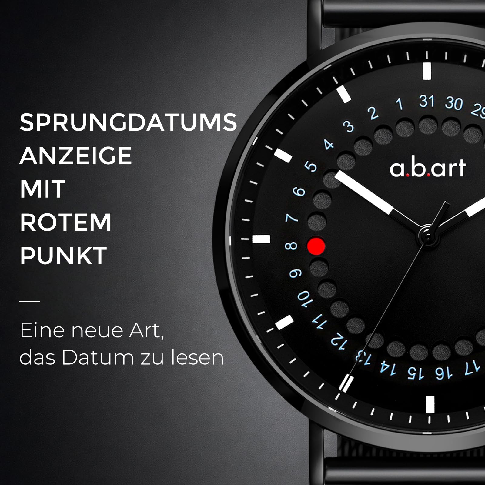 a.b.art Herren Uhr mit Punkt-Sprungdatumsanzeige – Schweizer Ronda-Quarzwerk, minimalistisches Bauhaus-Stil, Saphirglas, schwarzes Milanaise-Armband, 41 mm